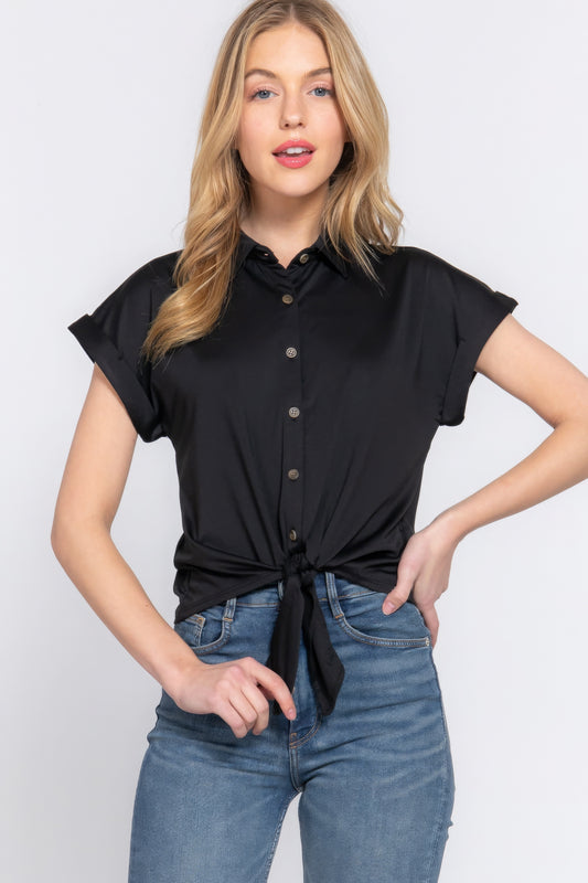 Short Slv Front Tie Stretch Ity  Top JoySkyBoutique