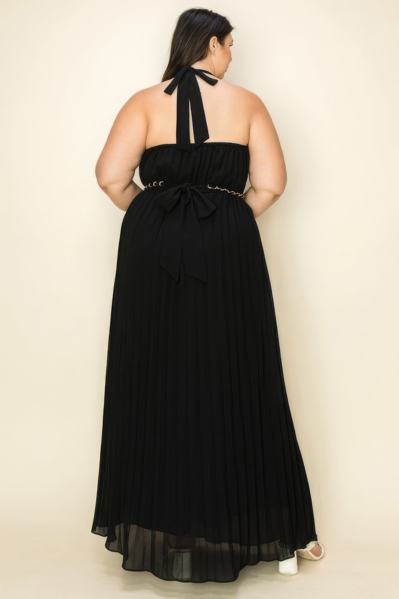 Chiffon Pleated Gold Trim Neck & Belt Cut Out Chest Maxi Dress JoySkyBoutique