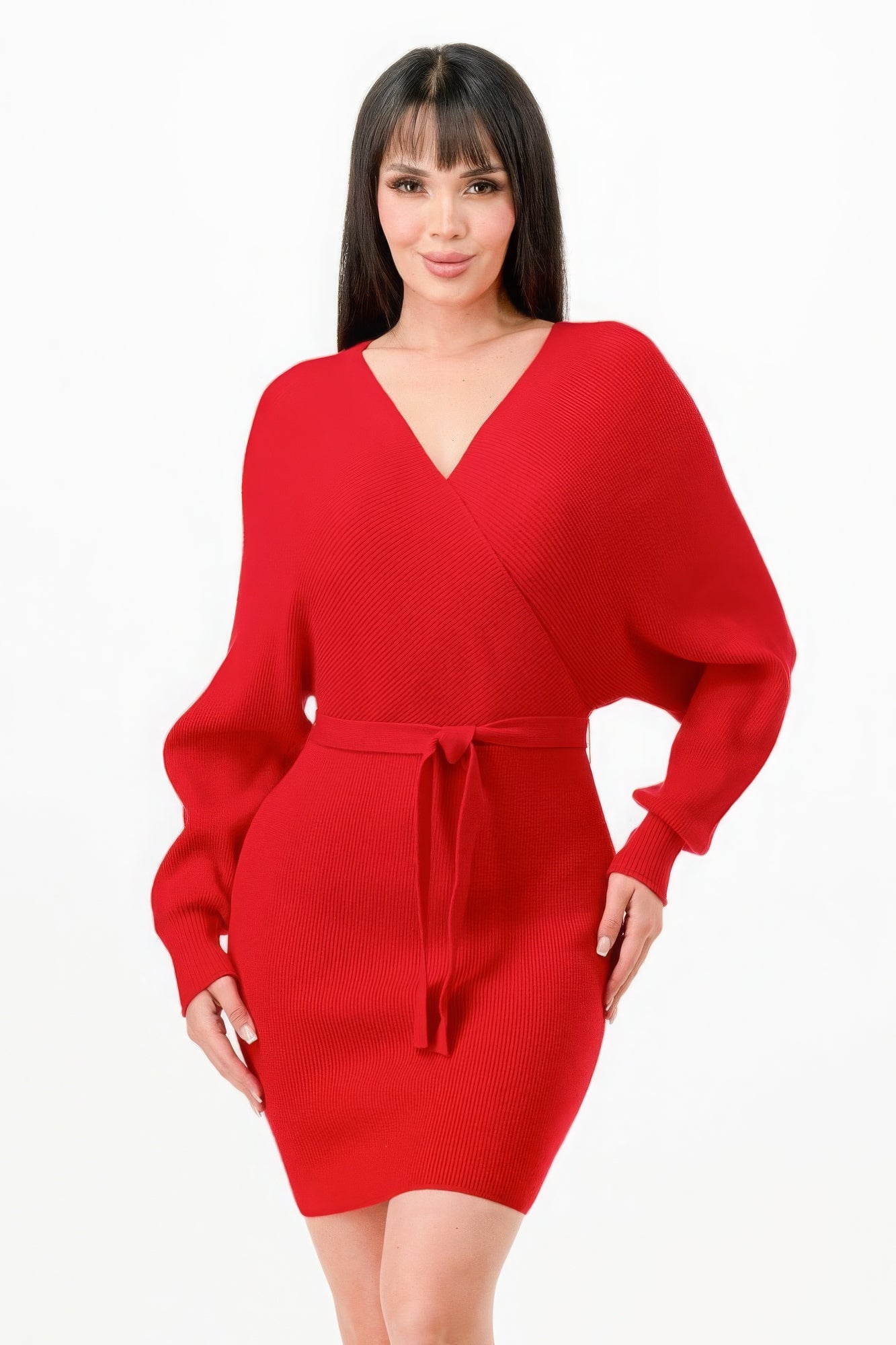 Off Shoulder Wrap Belted Ribbed Sweather Dress JoySkyBoutique
