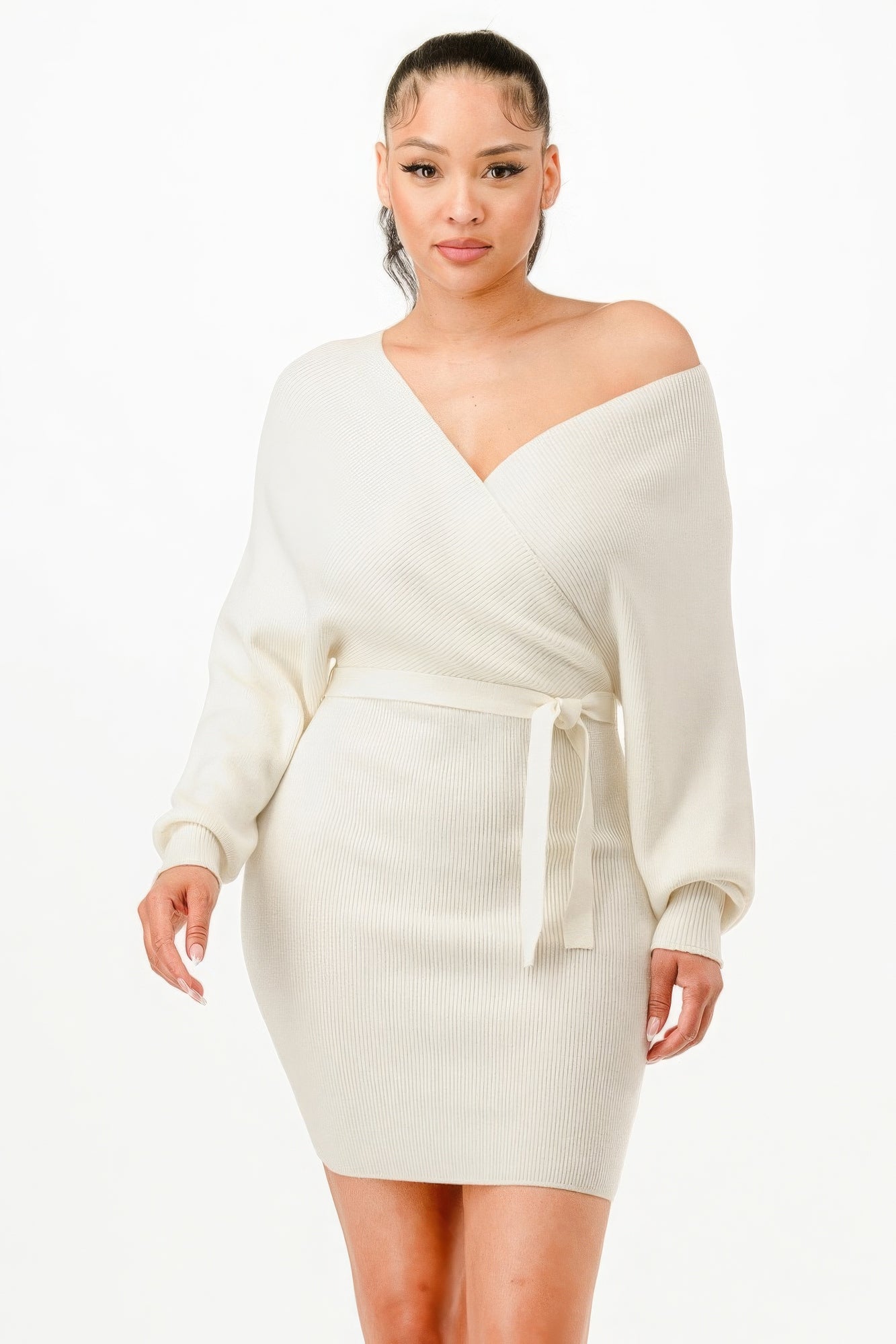 Off Shoulder Wrap Belted Ribbed Sweather Dress JoySkyBoutique