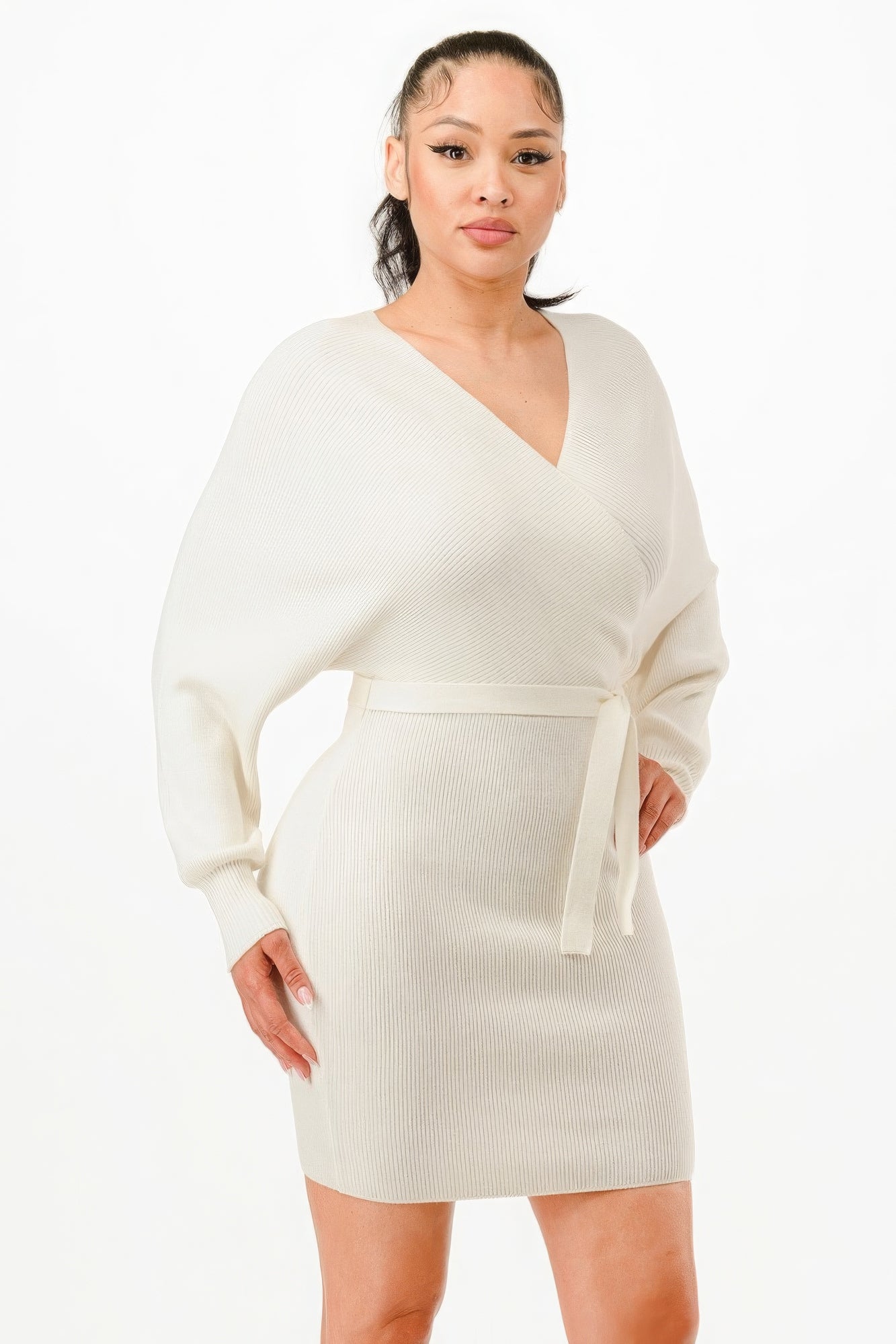 Off Shoulder Wrap Belted Ribbed Sweather Dress JoySkyBoutique