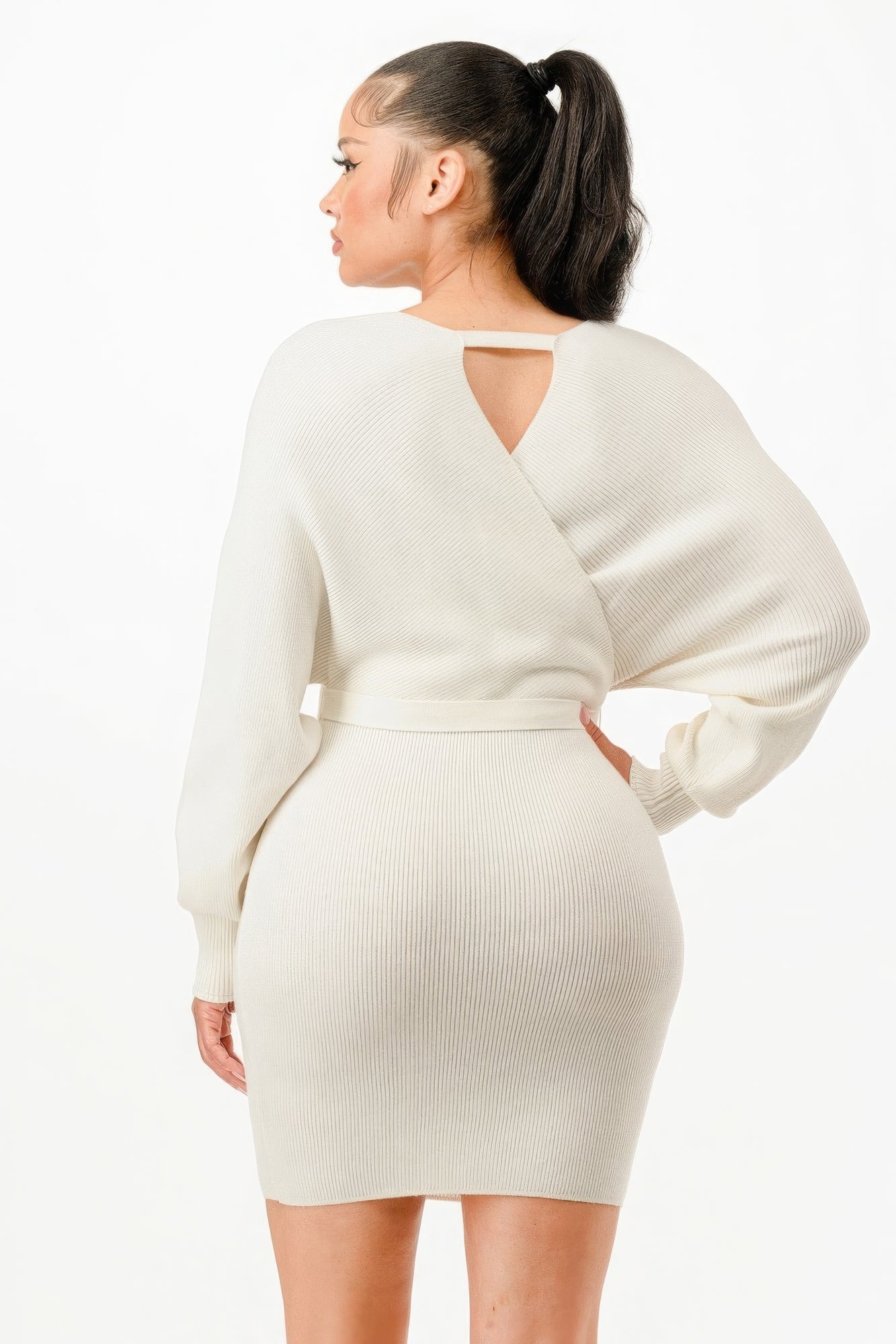 Off Shoulder Wrap Belted Ribbed Sweather Dress JoySkyBoutique