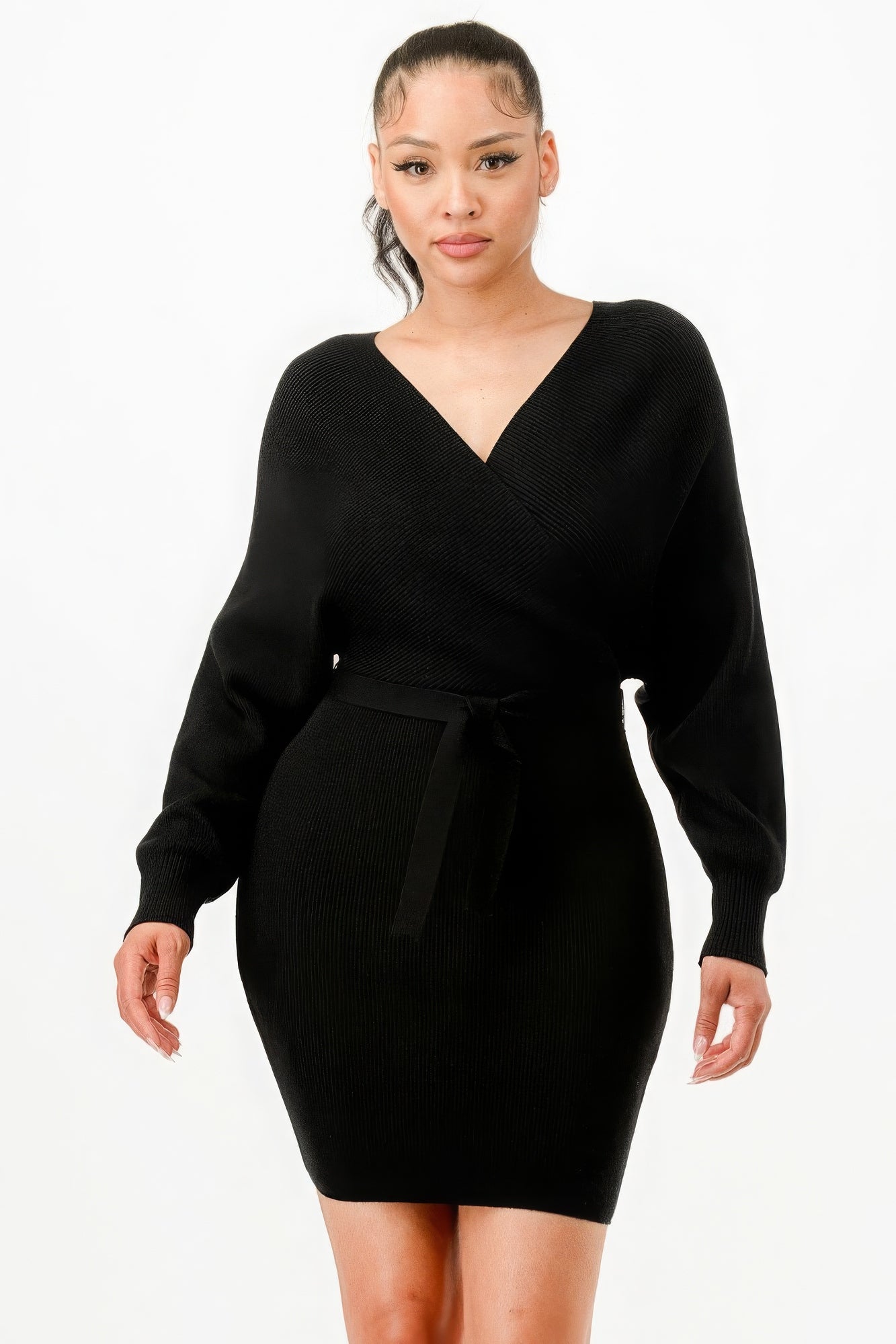 Off Shoulder Wrap Belted Ribbed Sweather Dress JoySkyBoutique