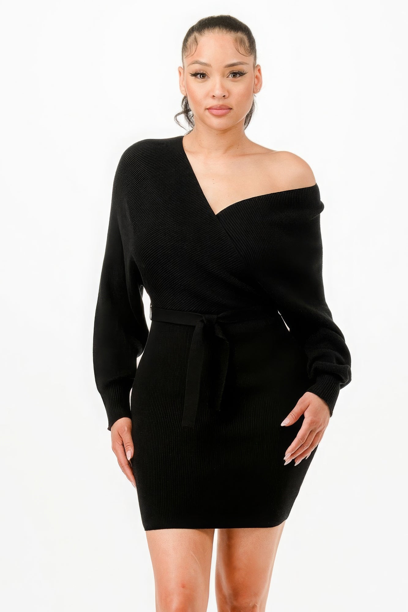 Off Shoulder Wrap Belted Ribbed Sweather Dress JoySkyBoutique