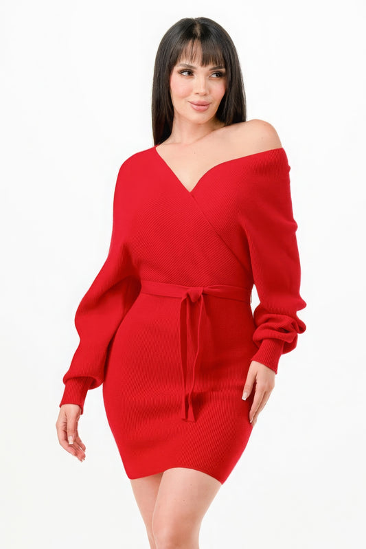 Off Shoulder Wrap Belted Ribbed Sweather Dress JoySkyBoutique