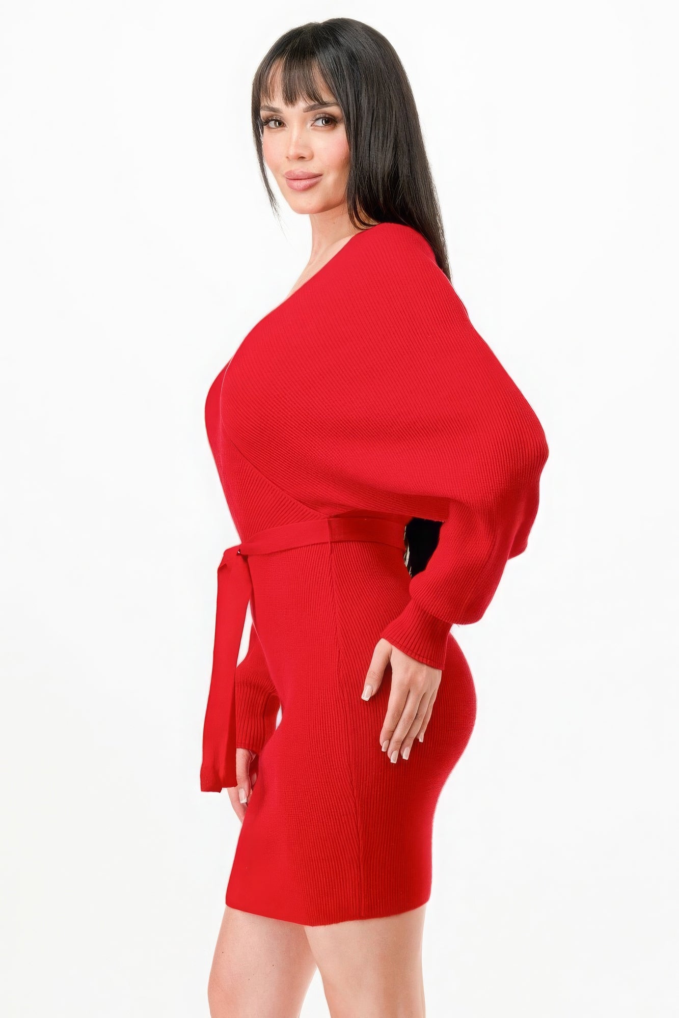 Off Shoulder Wrap Belted Ribbed Sweather Dress JoySkyBoutique