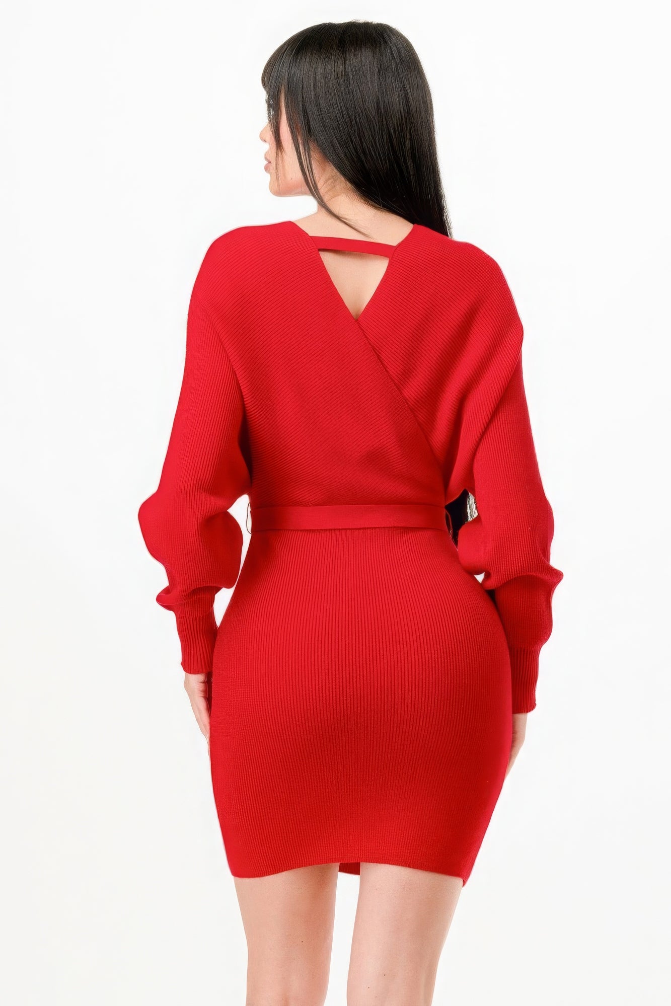 Off Shoulder Wrap Belted Ribbed Sweather Dress JoySkyBoutique