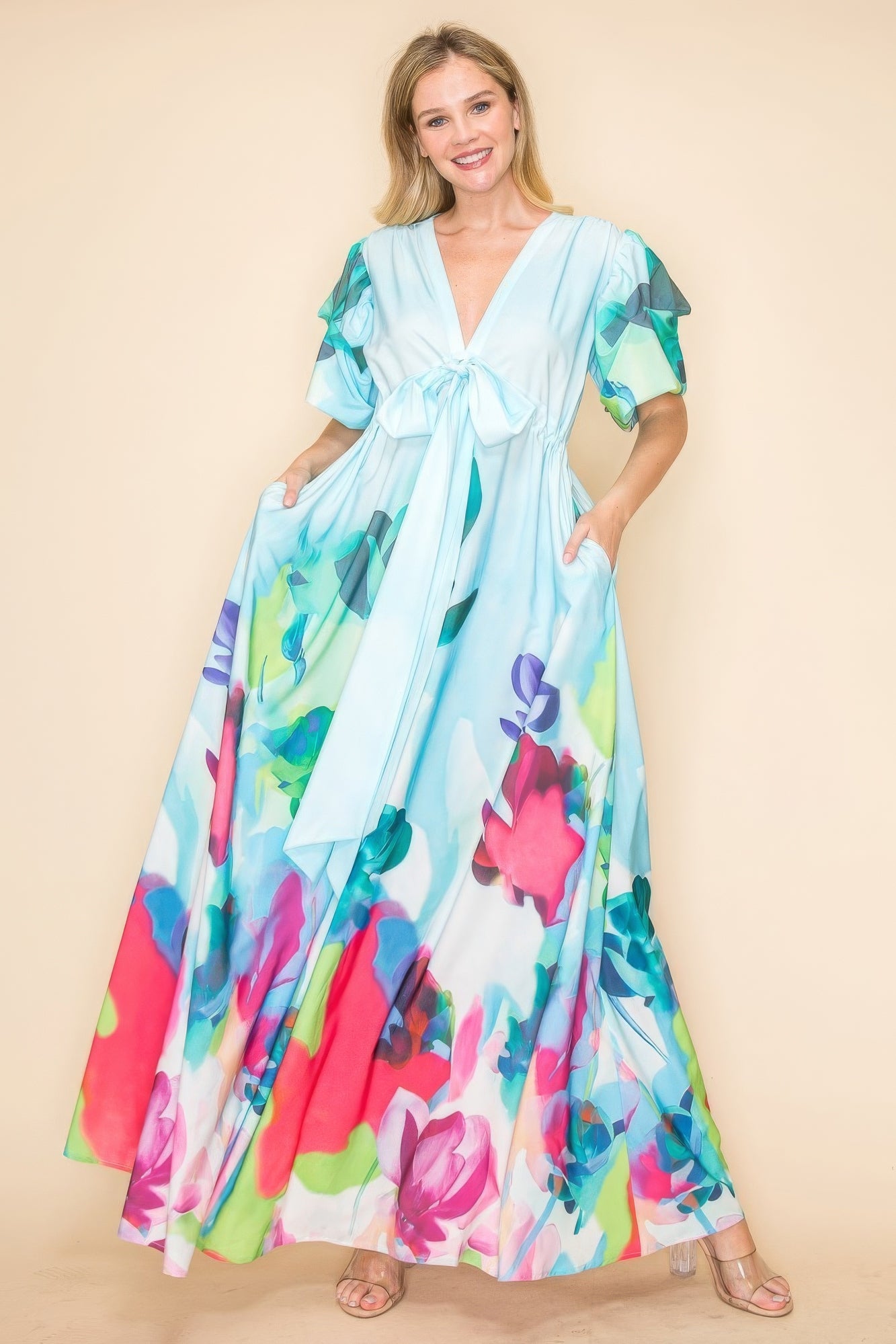 Printed V Neck Maxi Dress JoySkyBoutique