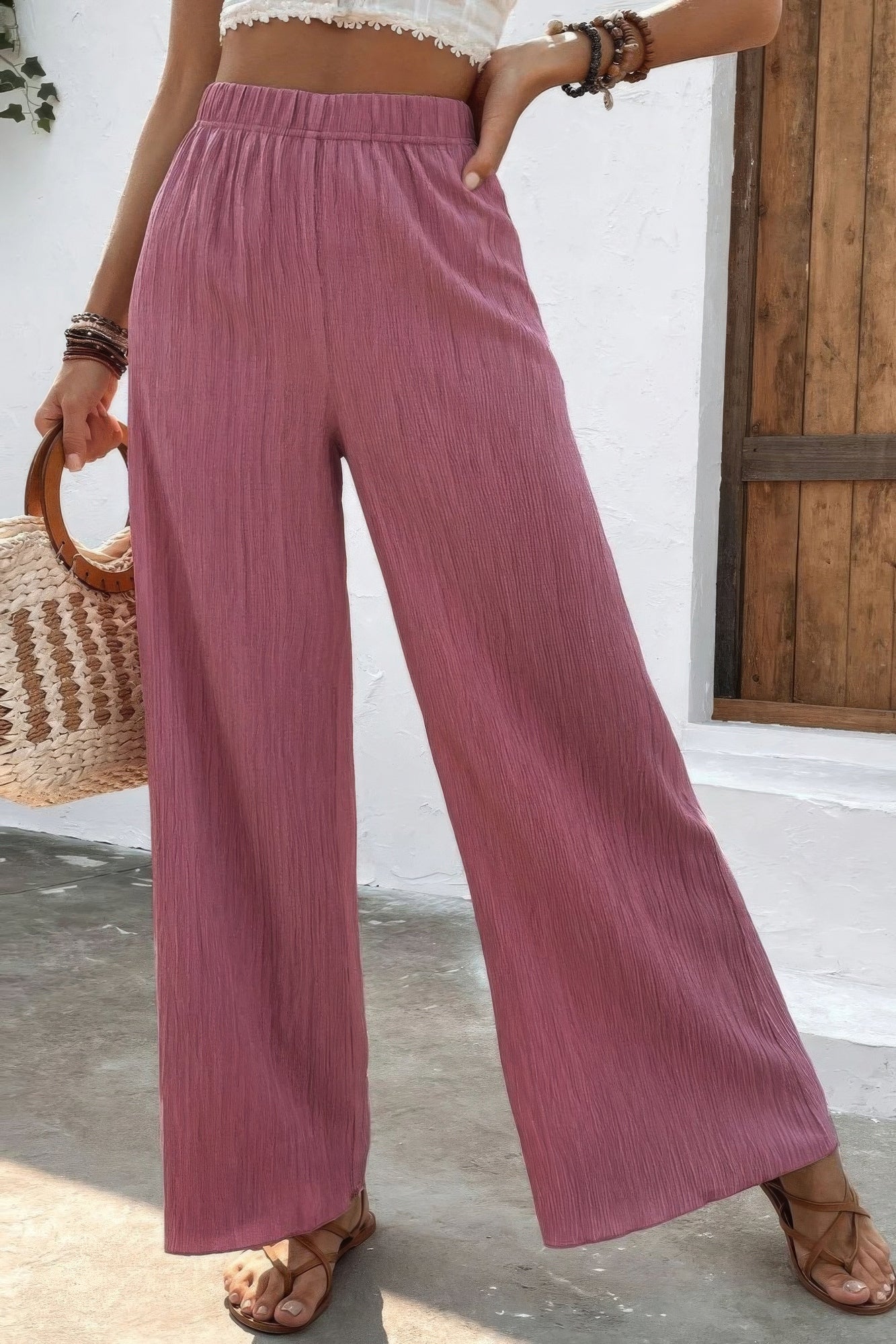 Textured Wide Leg Palazzo Pants JoySkyBoutique