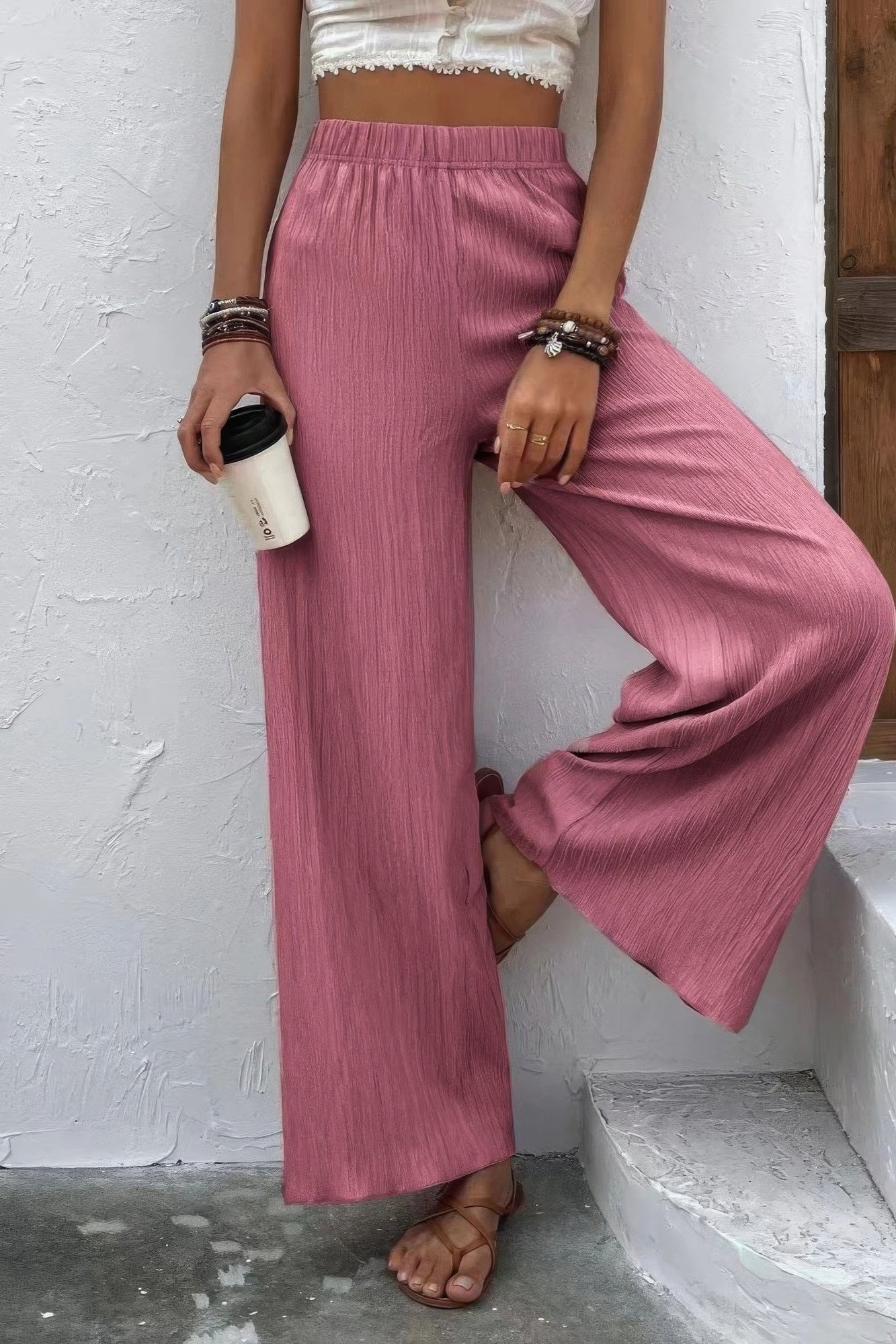 Textured Wide Leg Palazzo Pants JoySkyBoutique