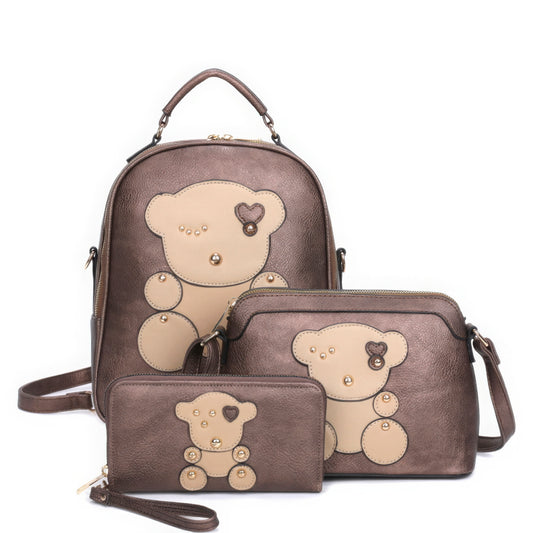 3in1 Cute Bear Design Handle Backpack W Crossbody And Wallet Set JoySkyBoutique