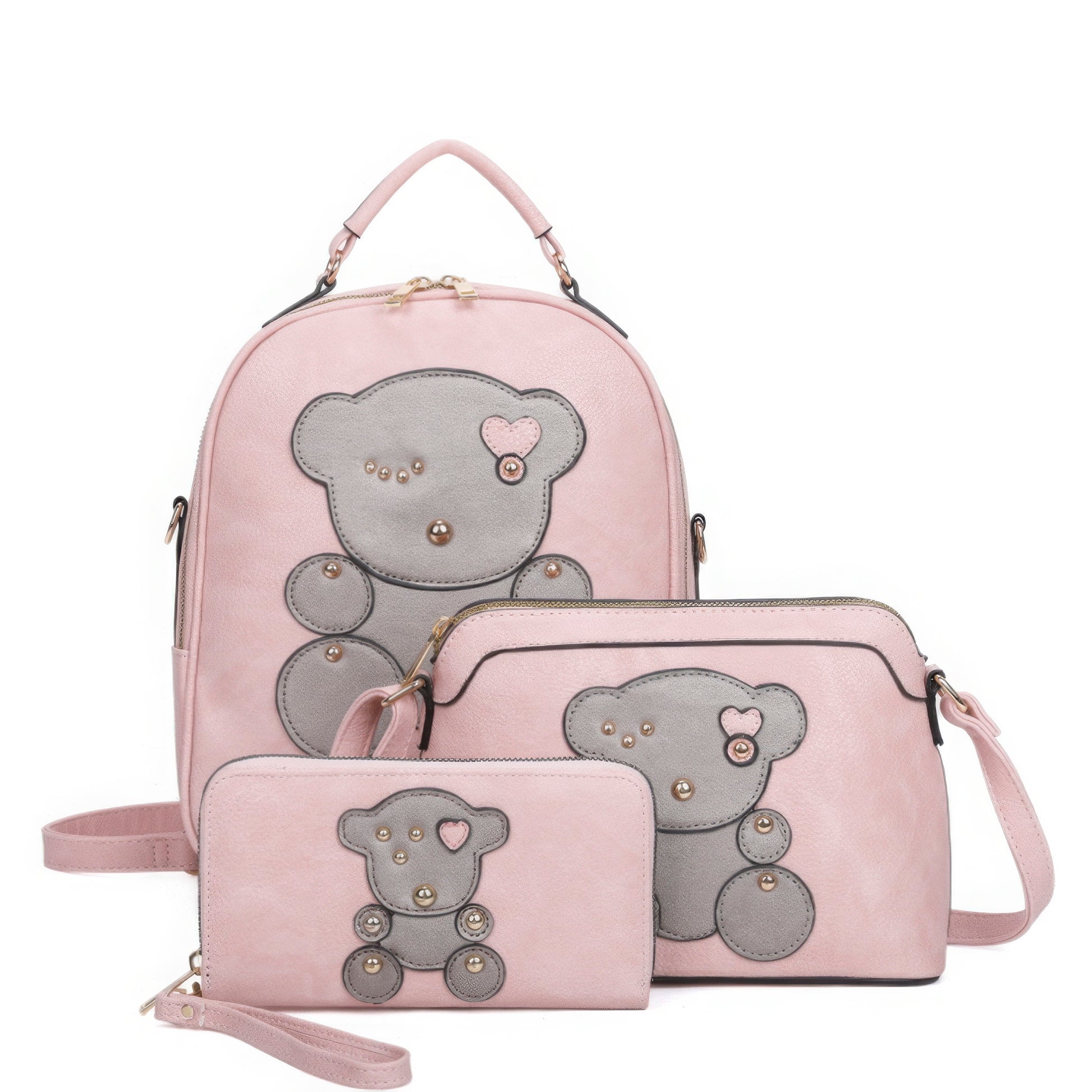 3in1 Cute Bear Design Handle Backpack W Crossbody And Wallet Set JoySkyBoutique