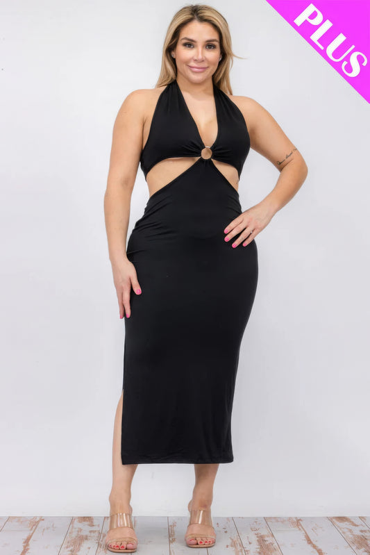 Plus Size Cut-out Halter Neck Double Back Tie Split Thigh Midi Dress JoySkyBoutique