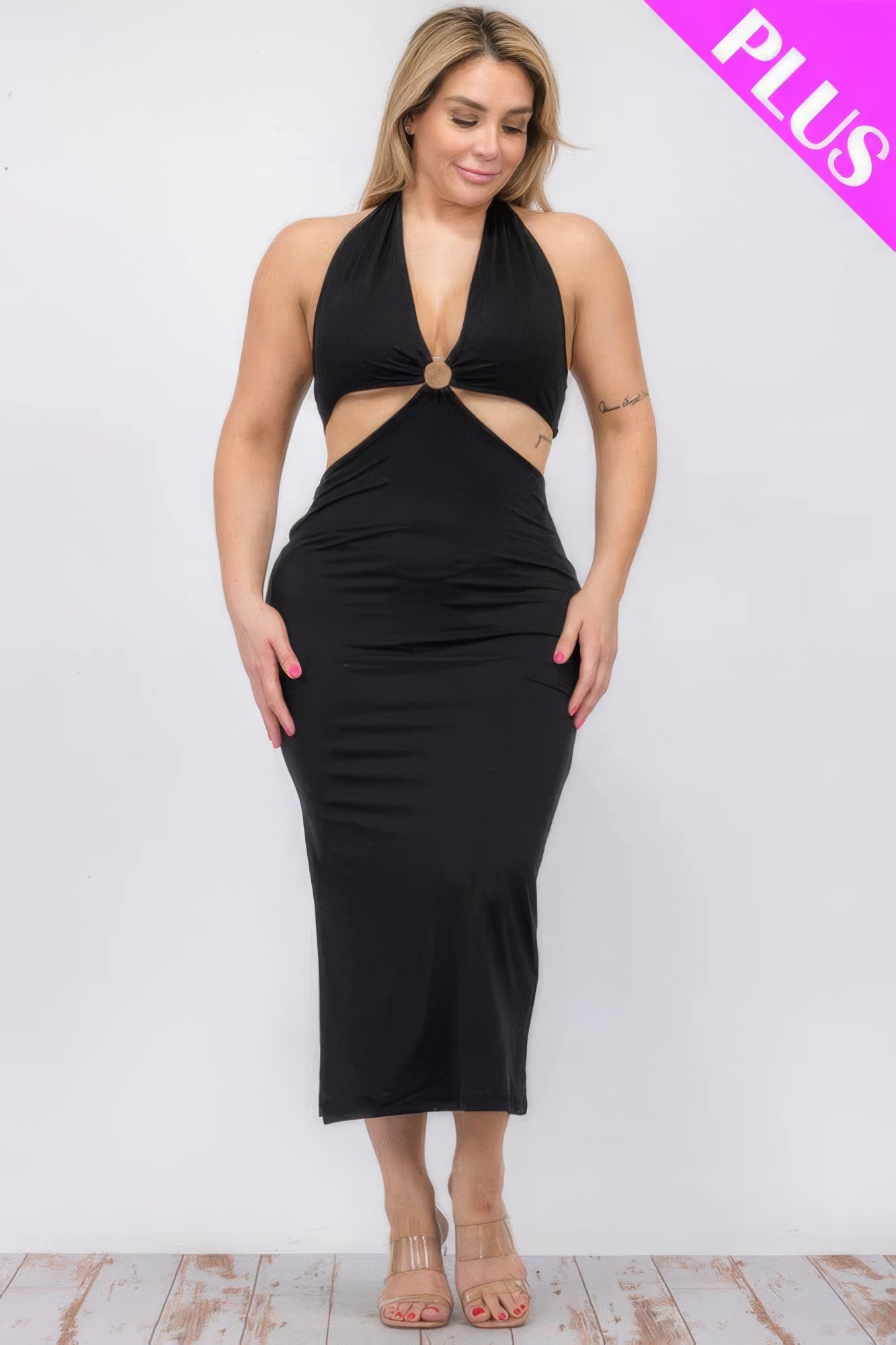 Plus Size Cut-out Halter Neck Double Back Tie Split Thigh Midi Dress JoySkyBoutique