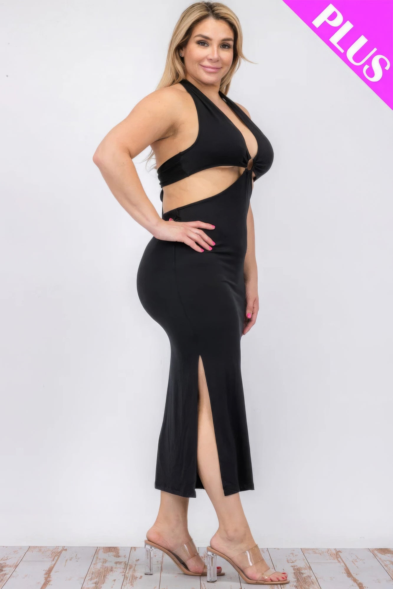Plus Size Cut-out Halter Neck Double Back Tie Split Thigh Midi Dress JoySkyBoutique