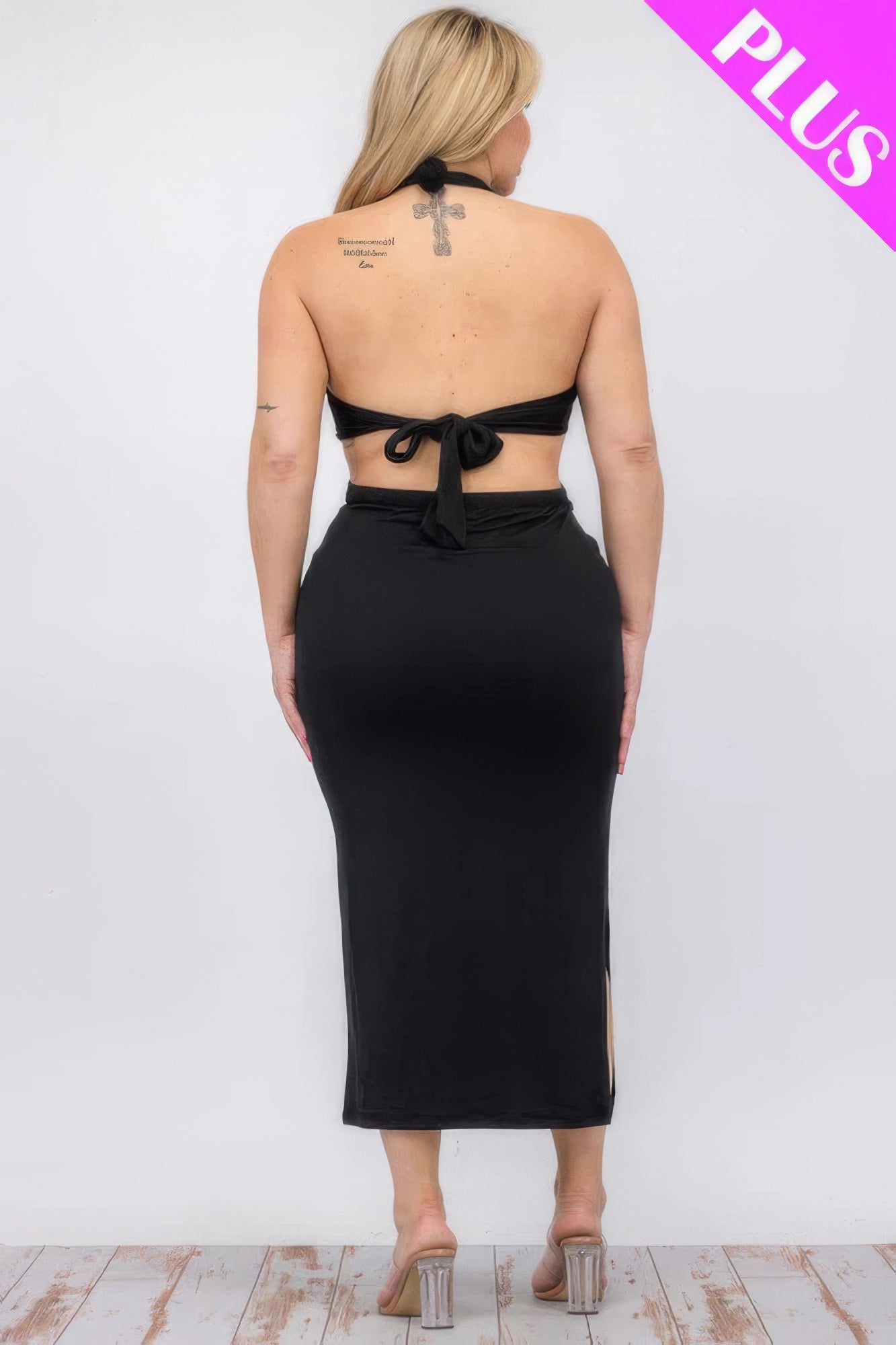 Plus Size Cut-out Halter Neck Double Back Tie Split Thigh Midi Dress JoySkyBoutique
