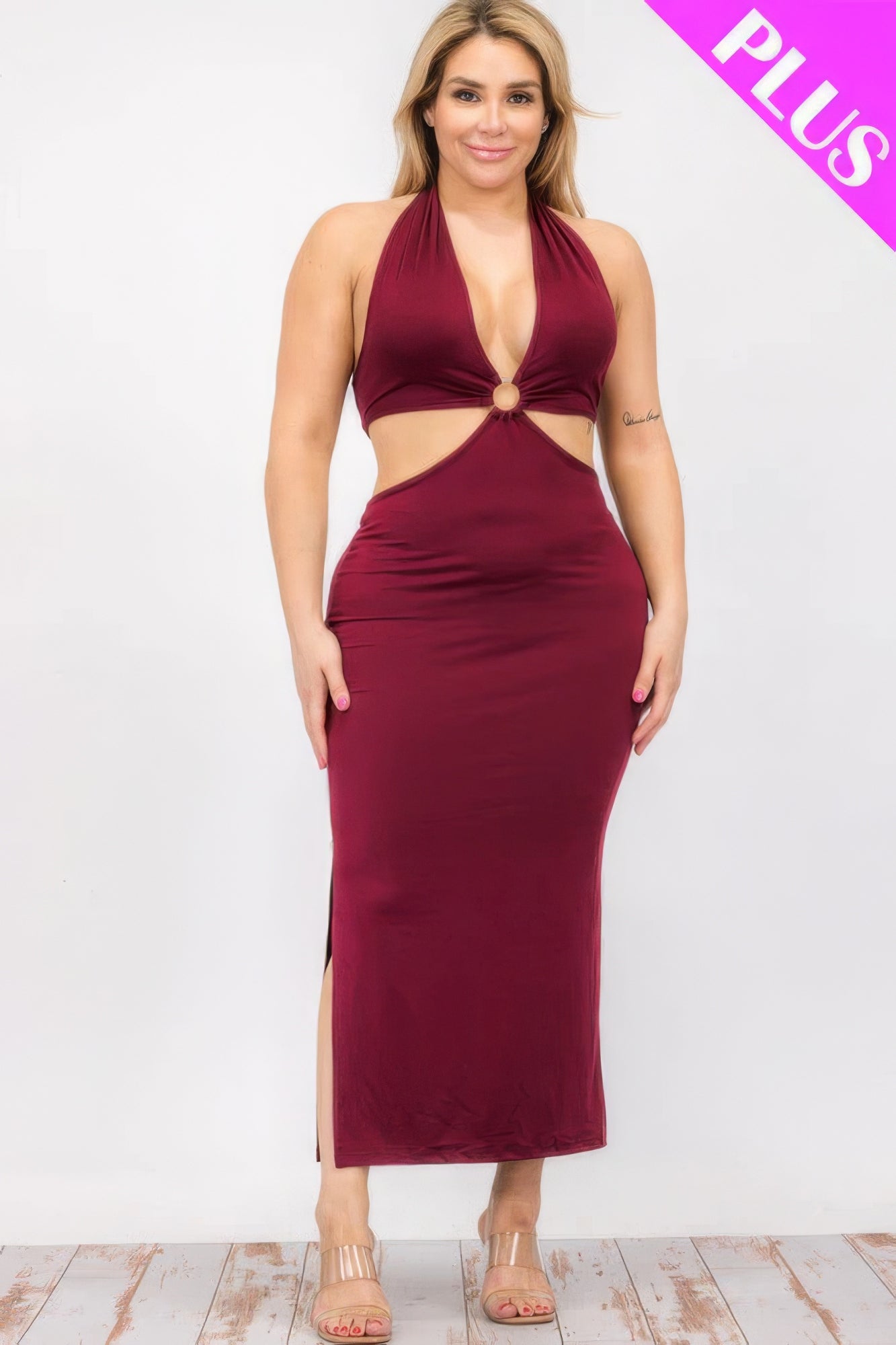 Plus Size Cut-out Halter Neck Double Back Tie Split Thigh Midi Dress JoySkyBoutique