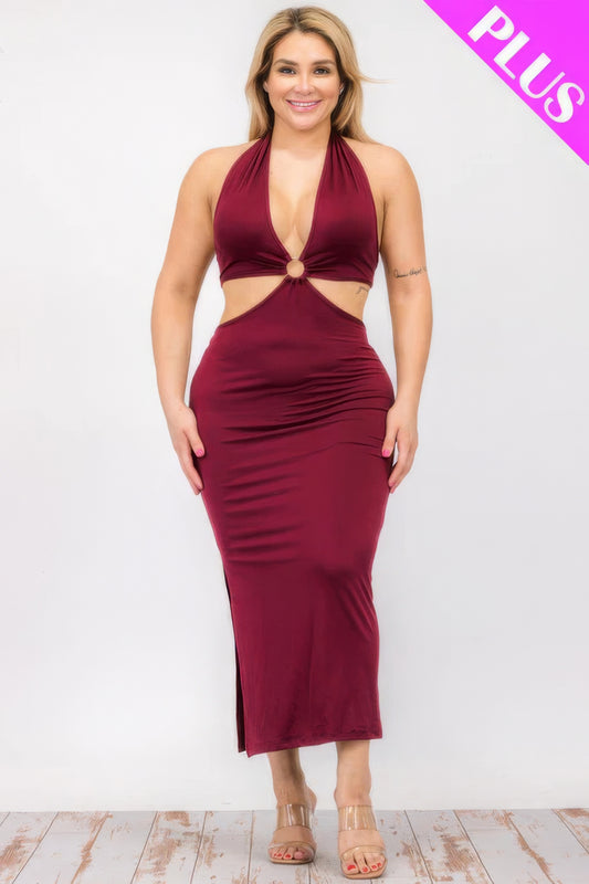 Plus Size Cut-out Halter Neck Double Back Tie Split Thigh Midi Dress JoySkyBoutique