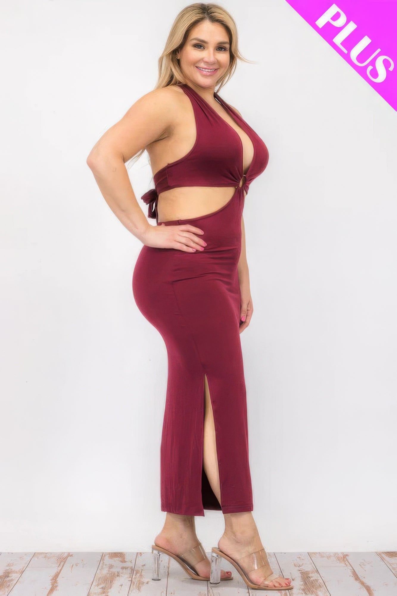 Plus Size Cut-out Halter Neck Double Back Tie Split Thigh Midi Dress JoySkyBoutique