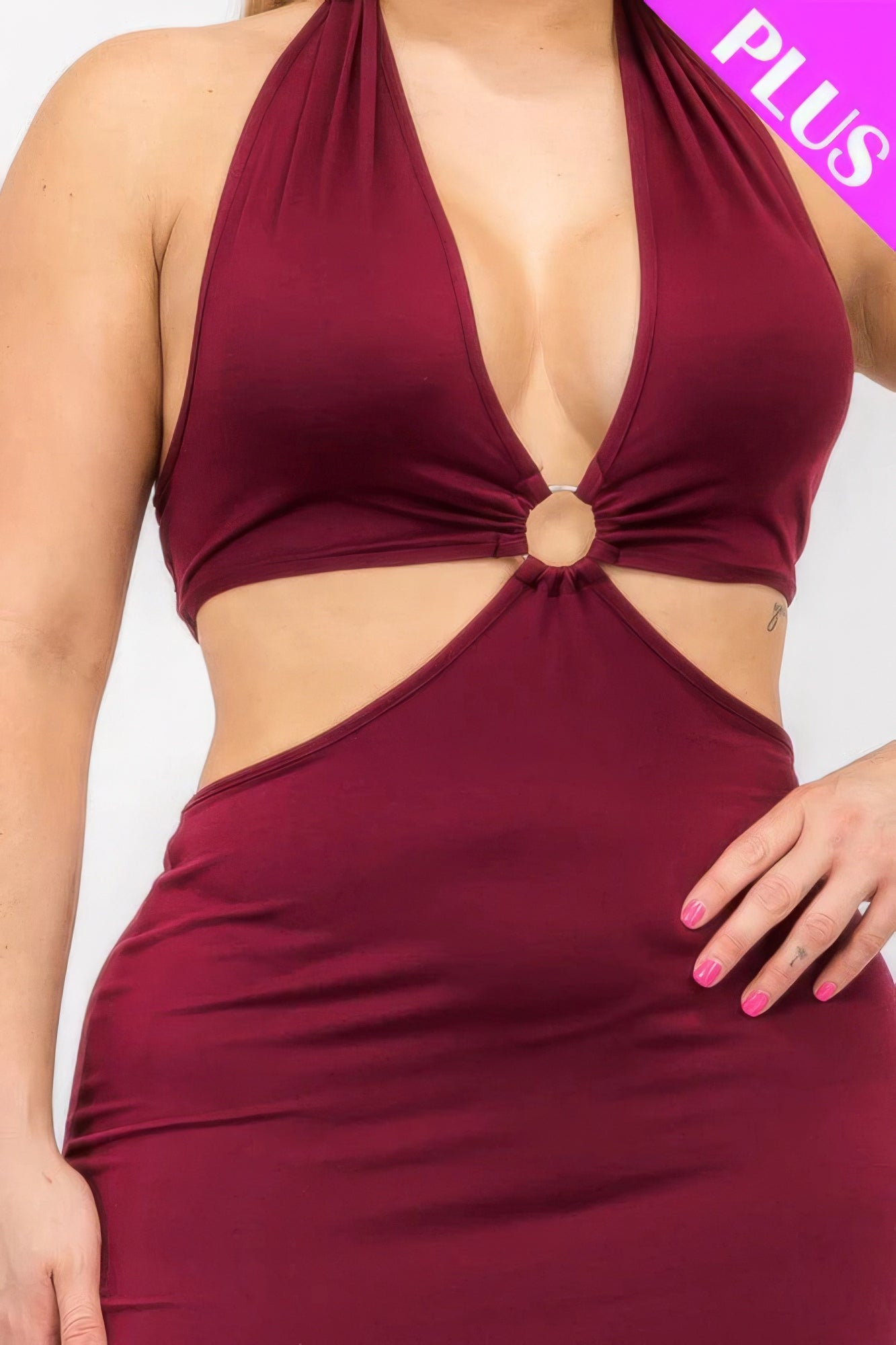 Plus Size Cut-out Halter Neck Double Back Tie Split Thigh Midi Dress JoySkyBoutique