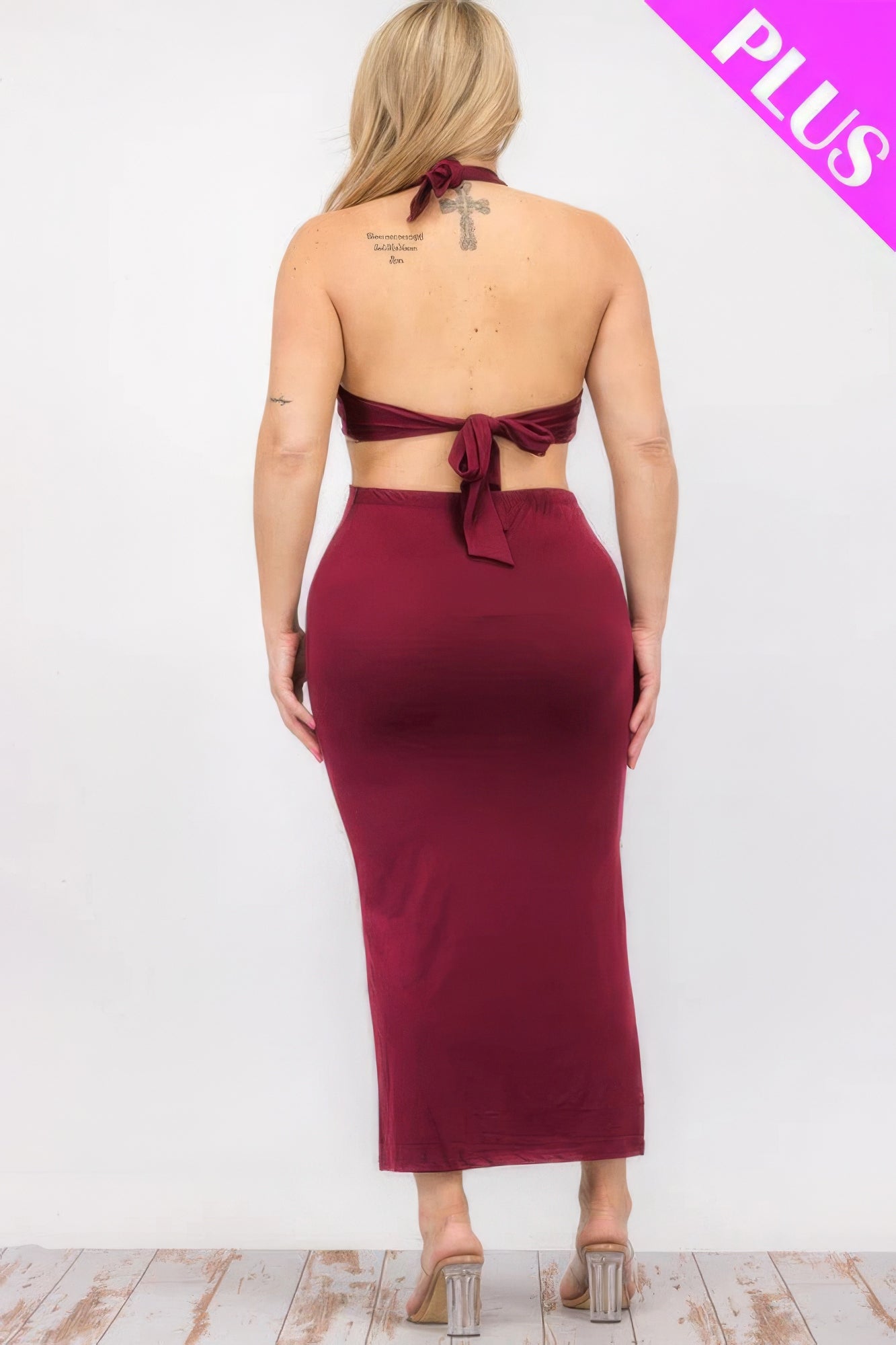 Plus Size Cut-out Halter Neck Double Back Tie Split Thigh Midi Dress JoySkyBoutique