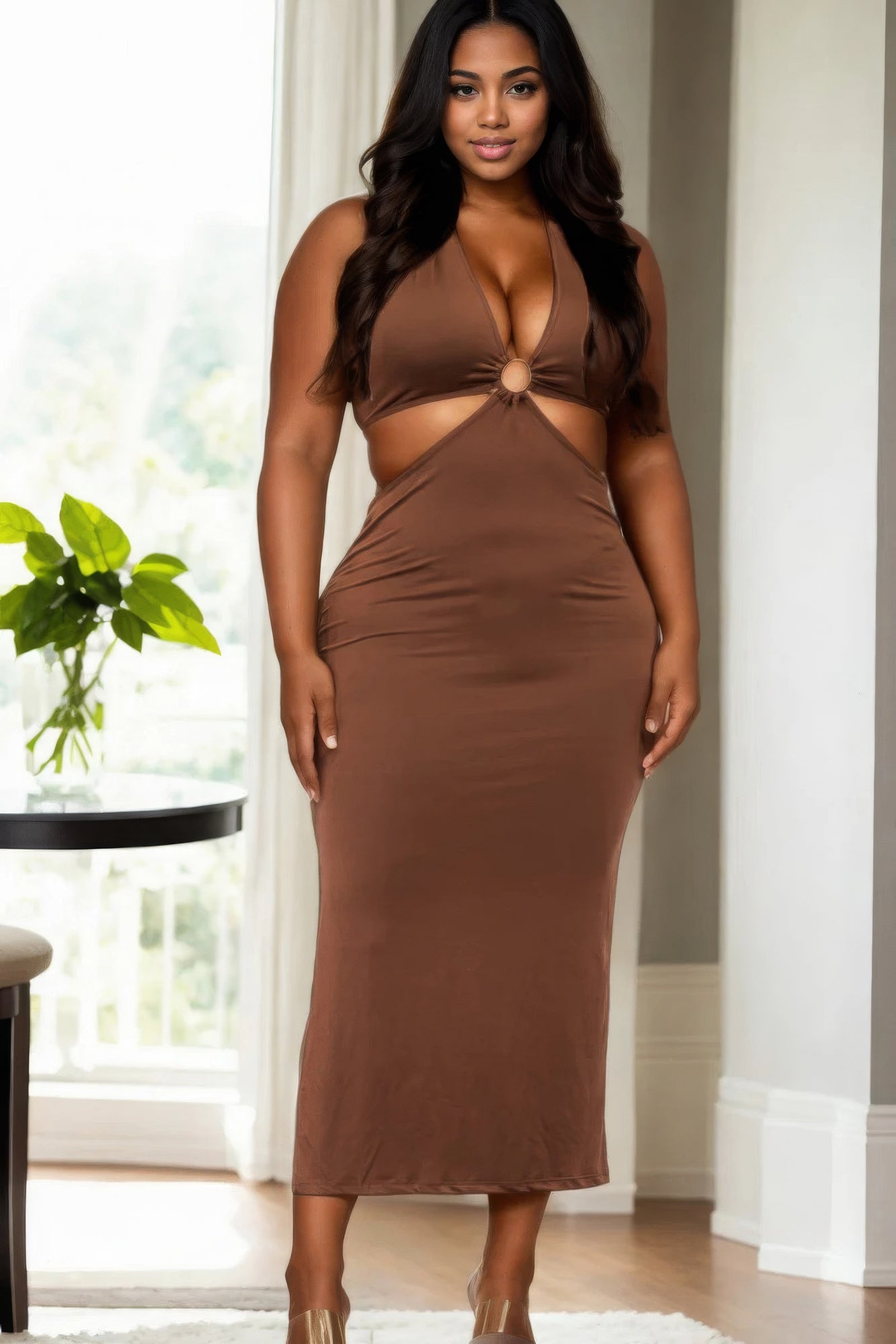 Plus Size Cut-out Halter Neck Double Back Tie Split Thigh Midi Dress JoySkyBoutique