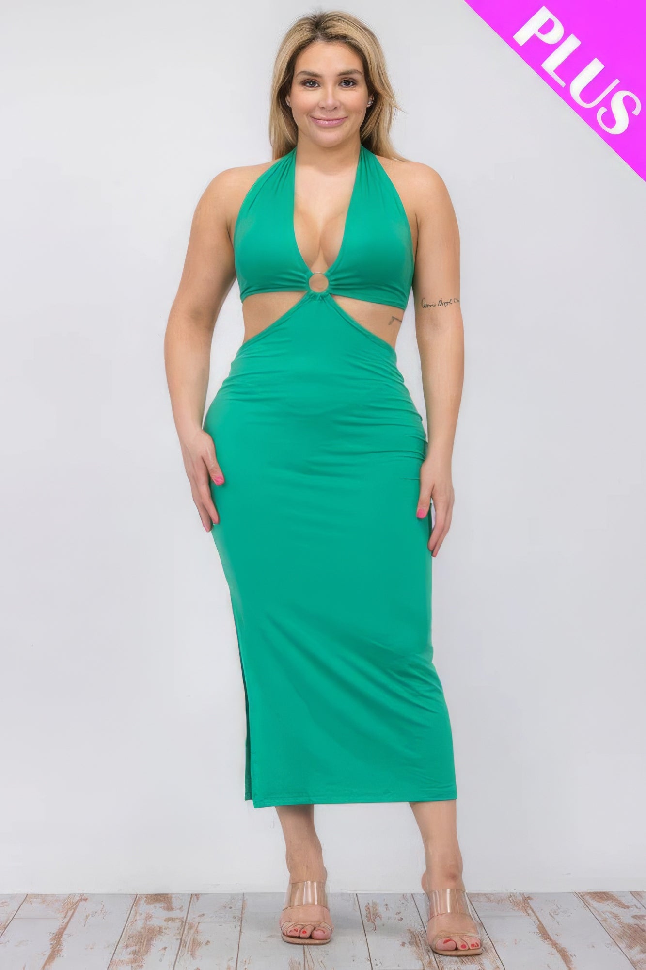 Plus Size Cut-out Halter Neck Double Back Tie Split Thigh Midi Dress JoySkyBoutique