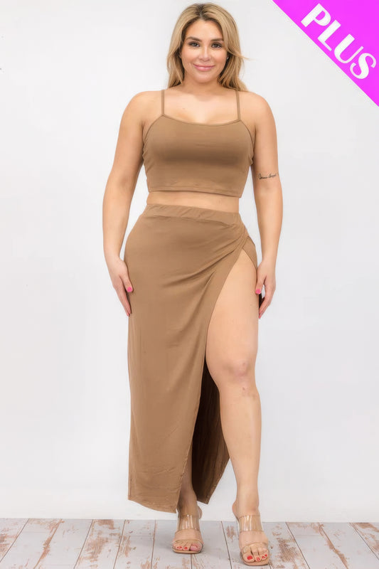 Plus Size Crop Cami & Split Thigh Maxi Skirt Set JoySkyBoutique