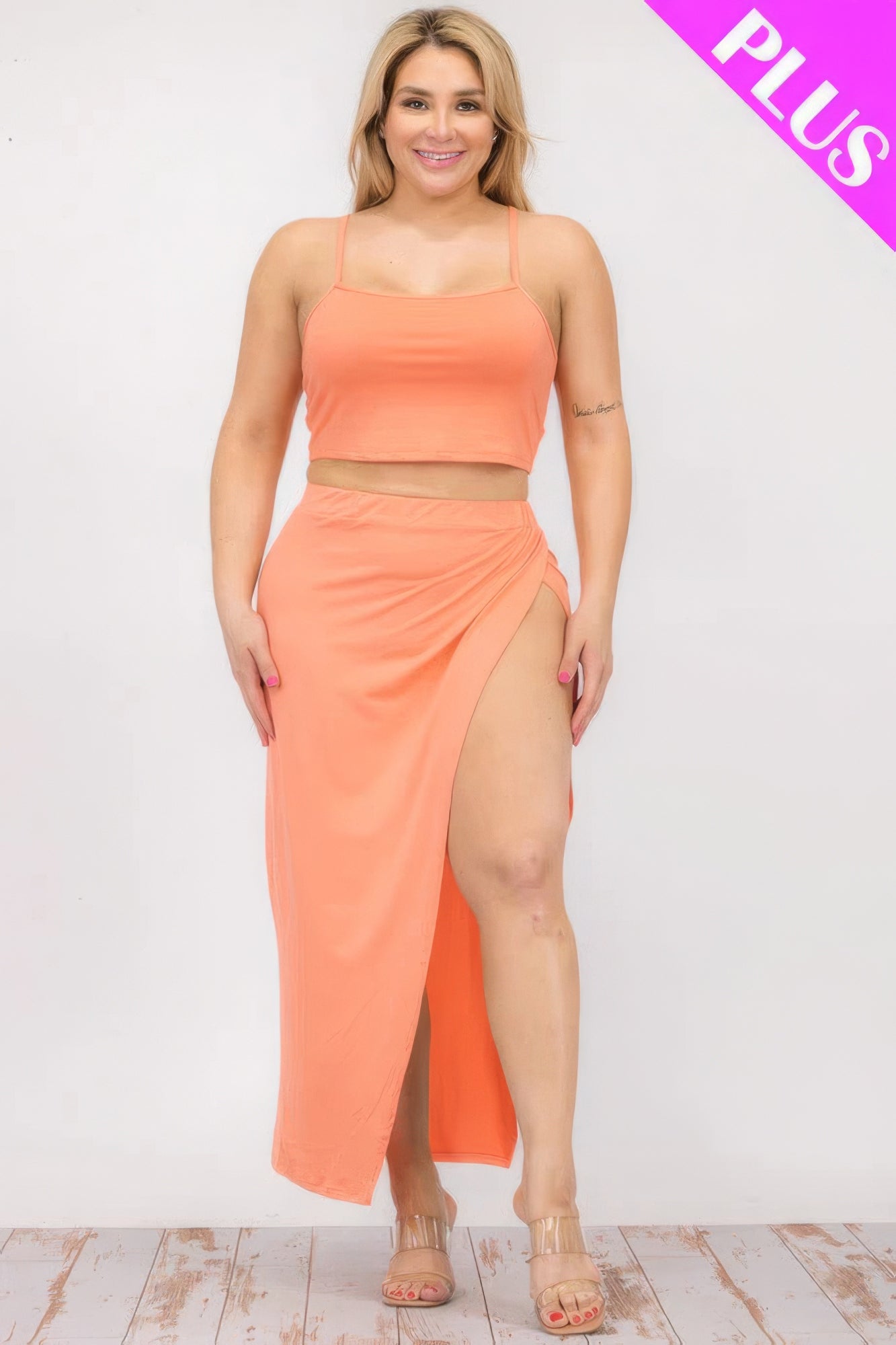 Plus Size Crop Cami & Split Thigh Maxi Skirt Set JoySkyBoutique