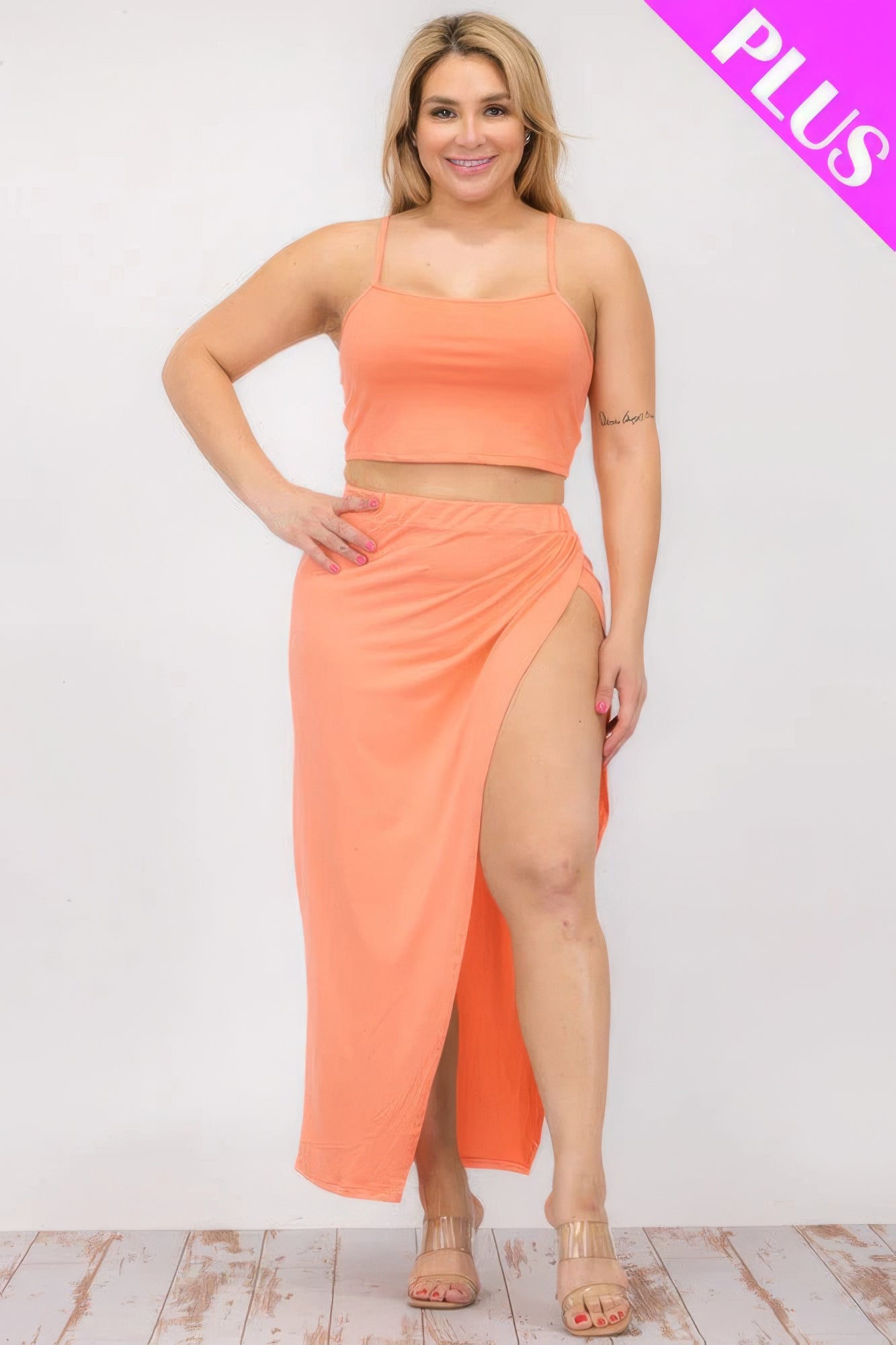 Plus Size Crop Cami & Split Thigh Maxi Skirt Set JoySkyBoutique