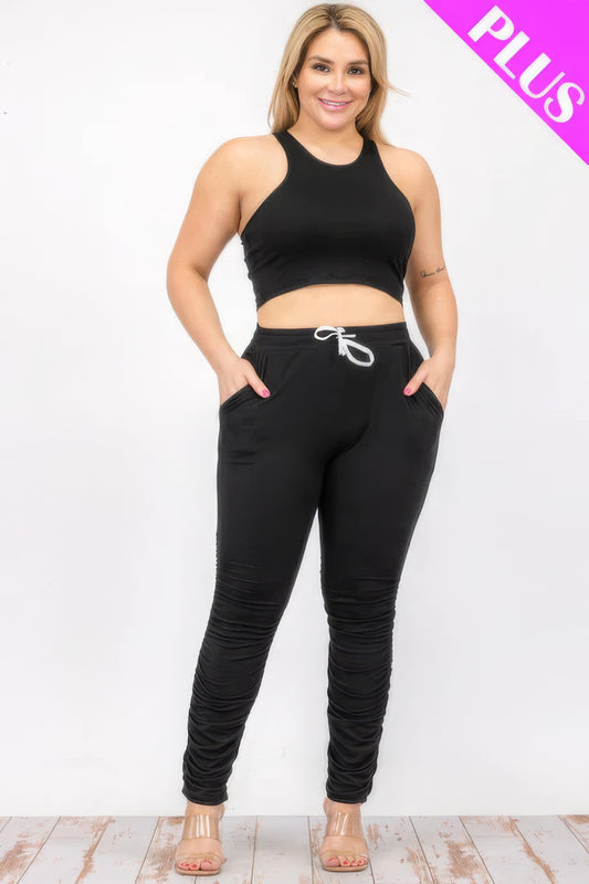 Plus Size Crop Tank Top & Ruched Pants Set JoySkyBoutique