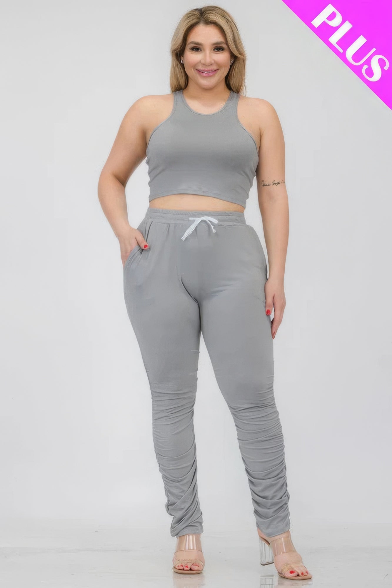 Plus Size Crop Tank Top & Ruched Pants Set JoySkyBoutique