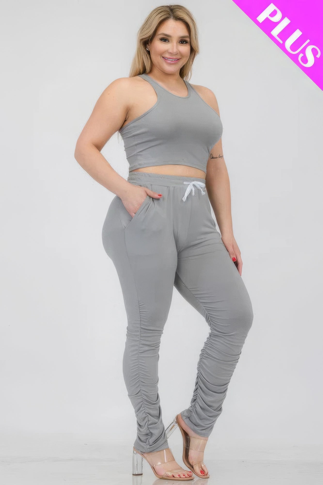 Plus Size Crop Tank Top & Ruched Pants Set JoySkyBoutique