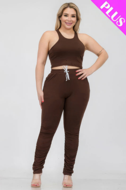 Plus Size Crop Tank Top & Ruched Pants Set JoySkyBoutique