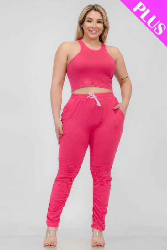 Plus Size Crop Tank Top & Ruched Pants Set JoySkyBoutique