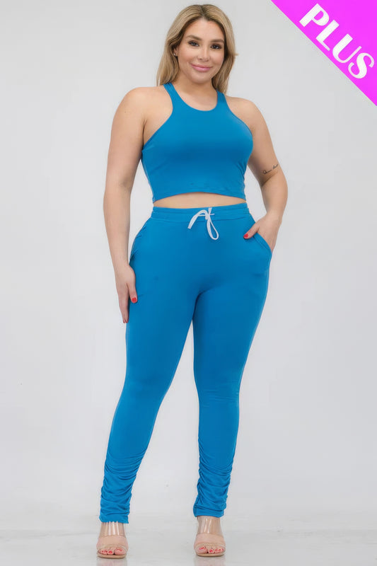 Plus Size Crop Tank Top & Ruched Pants Set JoySkyBoutique