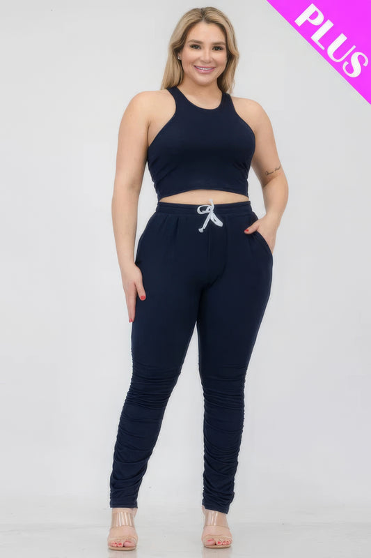 Plus Size Crop Tank Top & Ruched Pants Set JoySkyBoutique