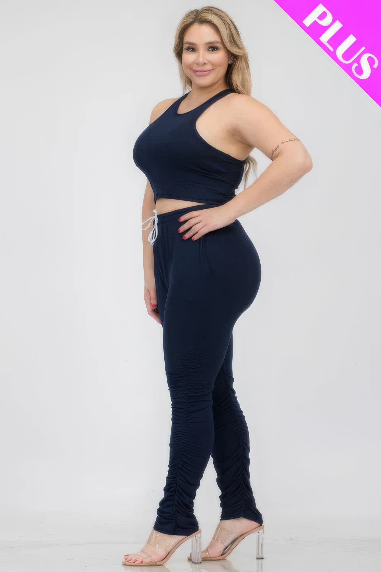 Plus Size Crop Tank Top & Ruched Pants Set JoySkyBoutique