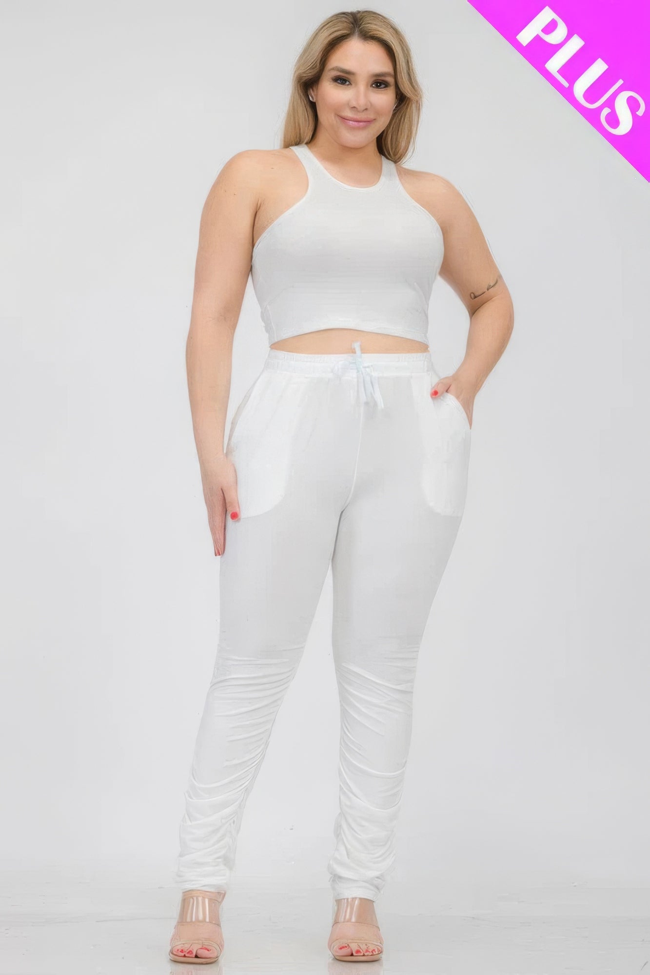 Plus Size Crop Tank Top & Ruched Pants Set JoySkyBoutique