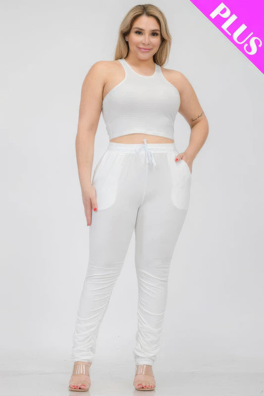 Plus Size Crop Tank Top & Ruched Pants Set JoySkyBoutique