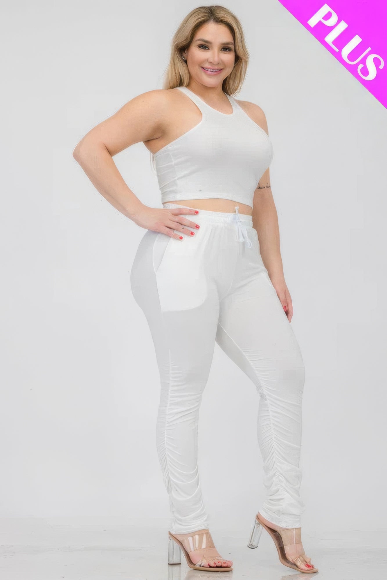 Plus Size Crop Tank Top & Ruched Pants Set JoySkyBoutique