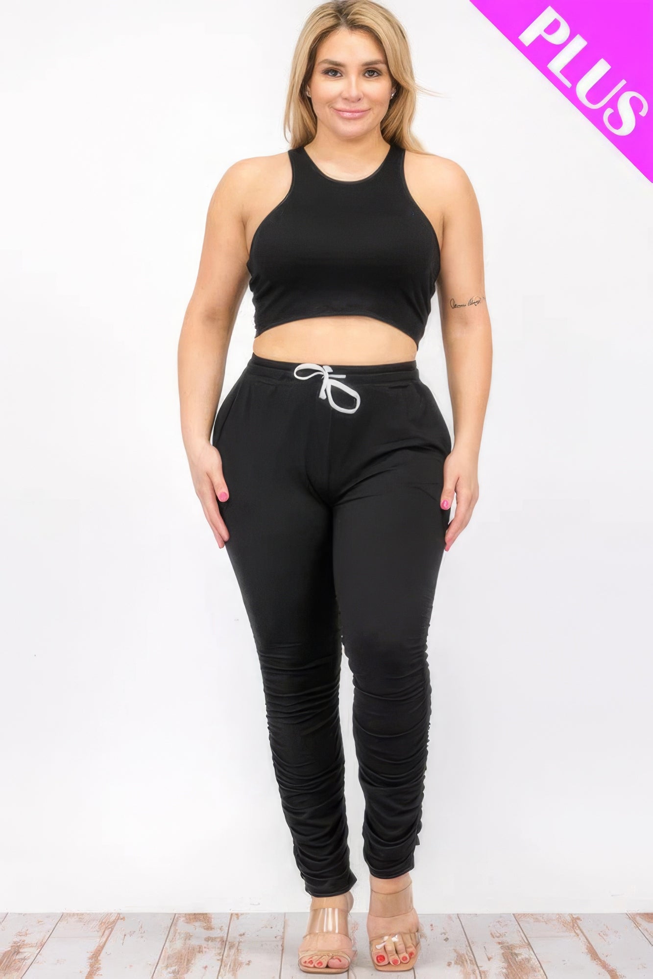 Plus Size Crop Tank Top & Ruched Pants Set JoySkyBoutique