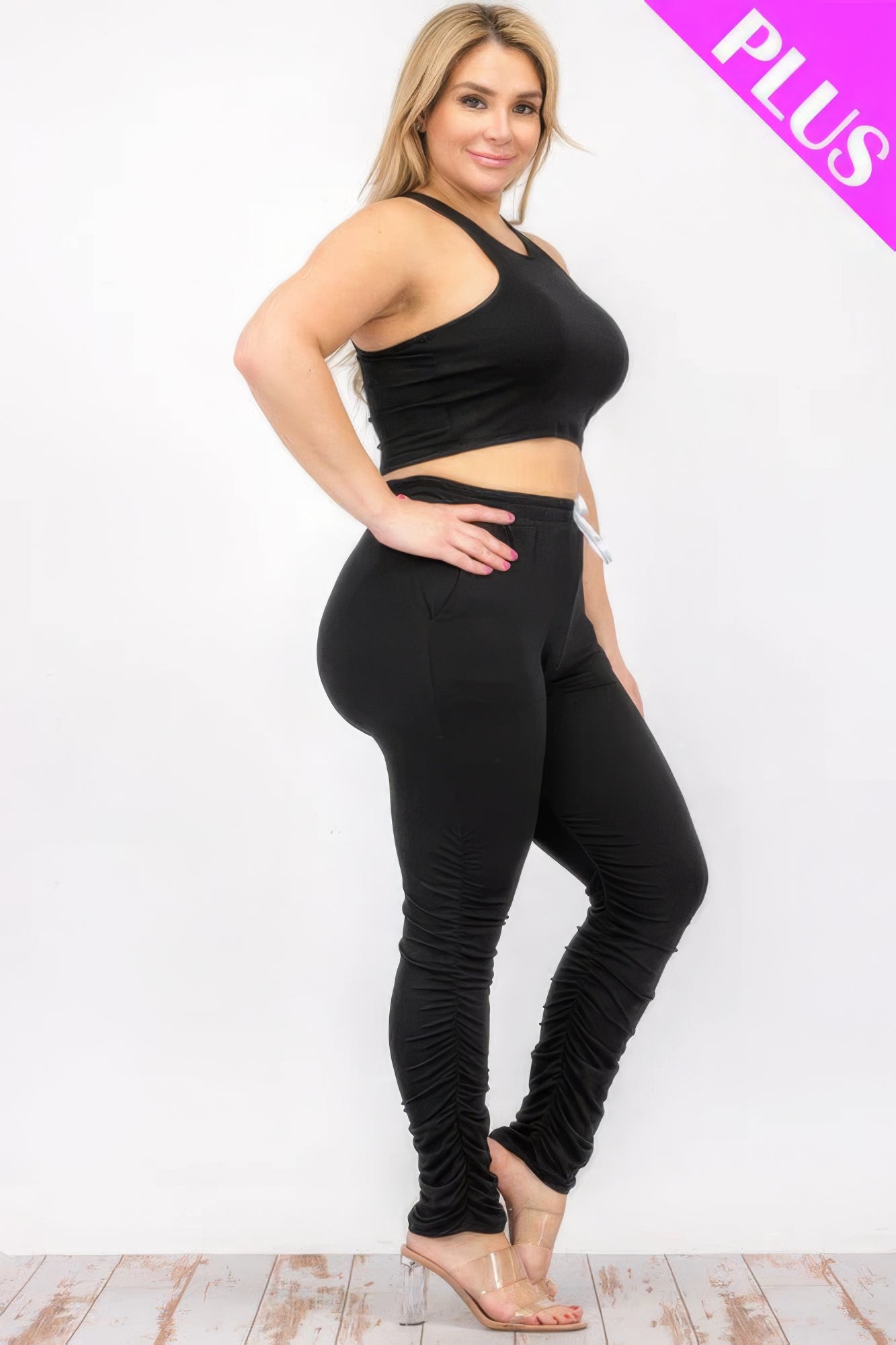 Plus Size Crop Tank Top & Ruched Pants Set JoySkyBoutique