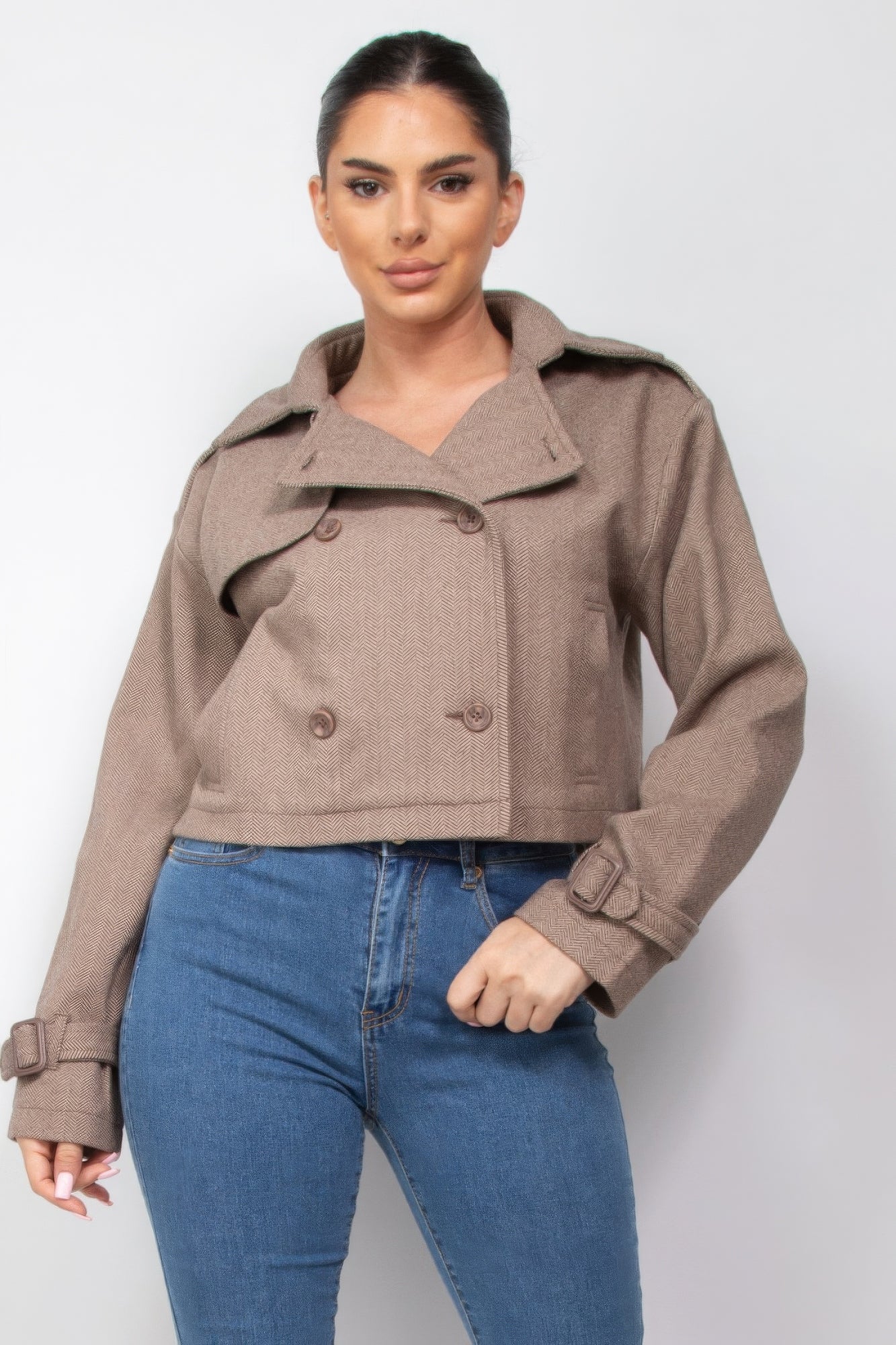 Notch Buckled Sleeve Crop Trench Coat JoySkyBoutique