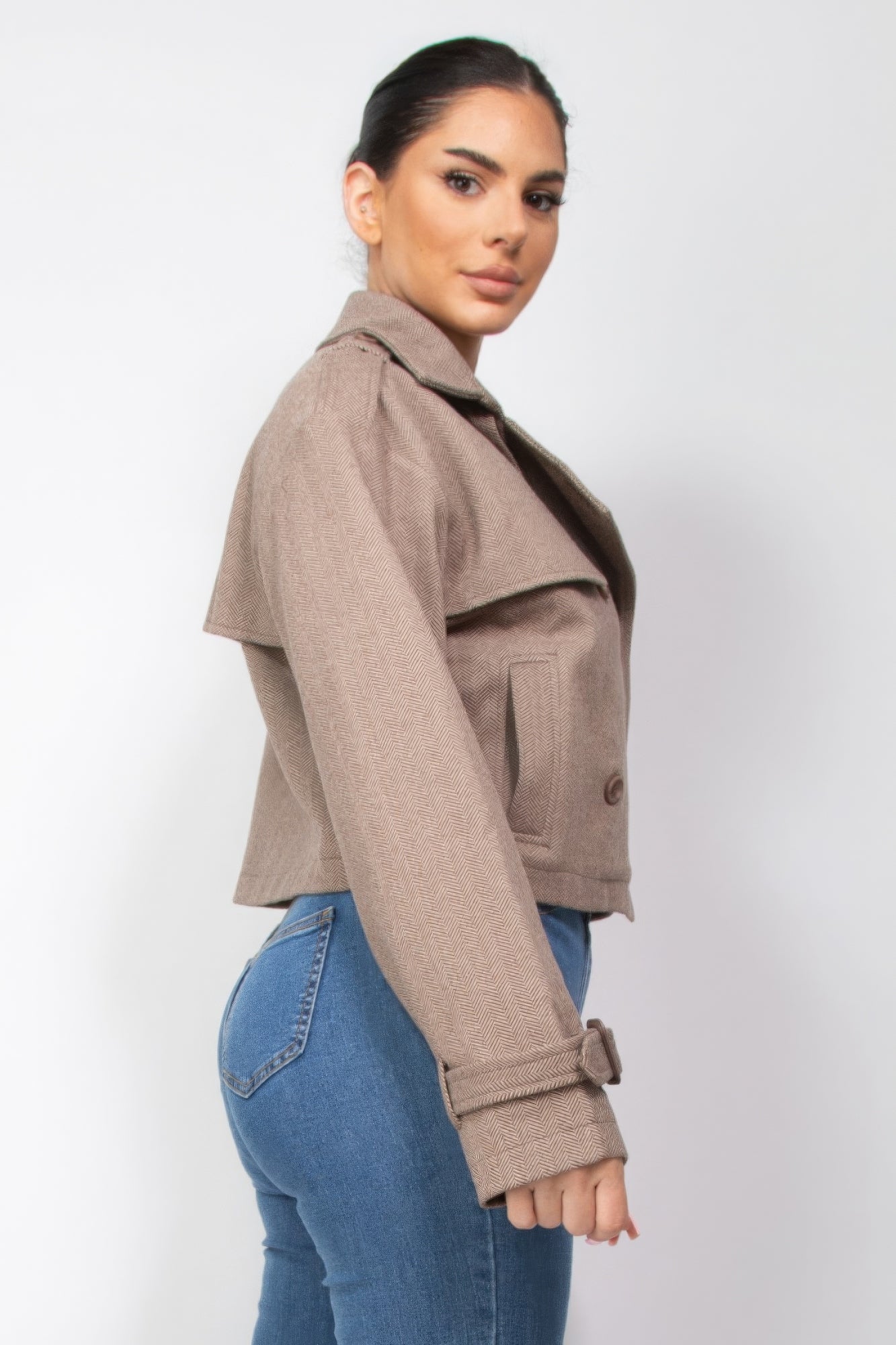 Notch Buckled Sleeve Crop Trench Coat JoySkyBoutique