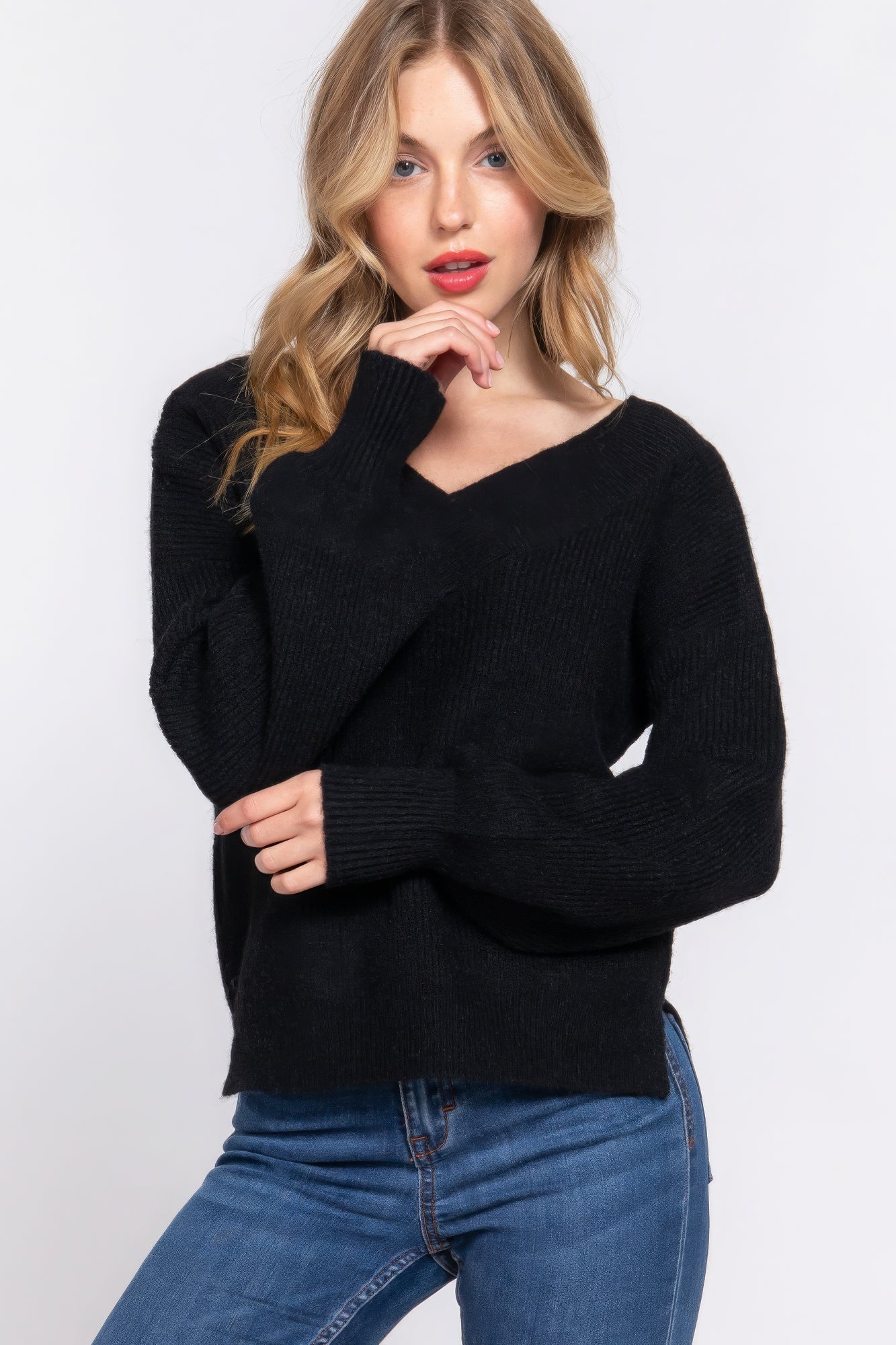 Long Slv Double V-neck Sweater JoySkyBoutique