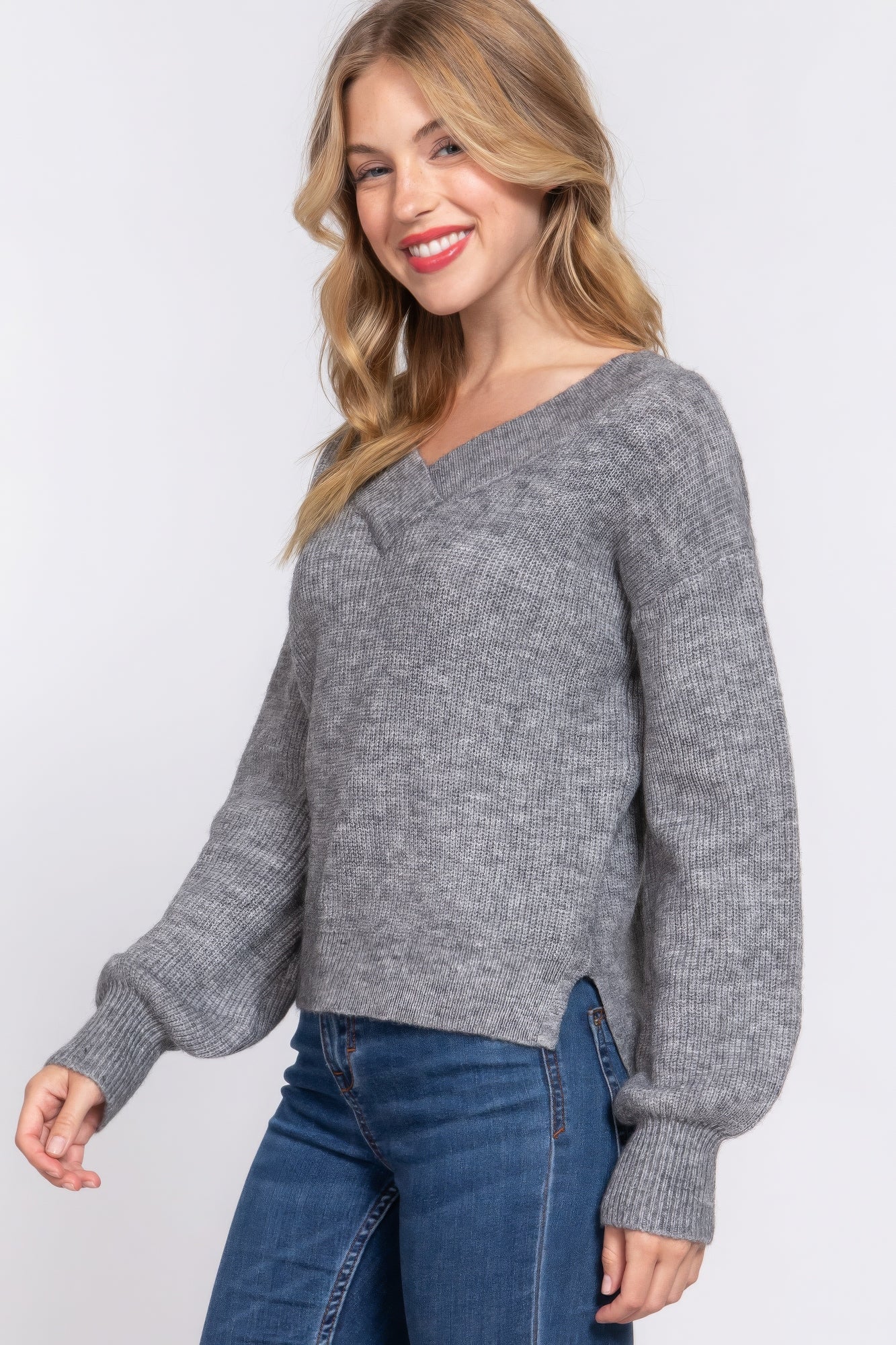 Long Slv Double V-neck Sweater JoySkyBoutique