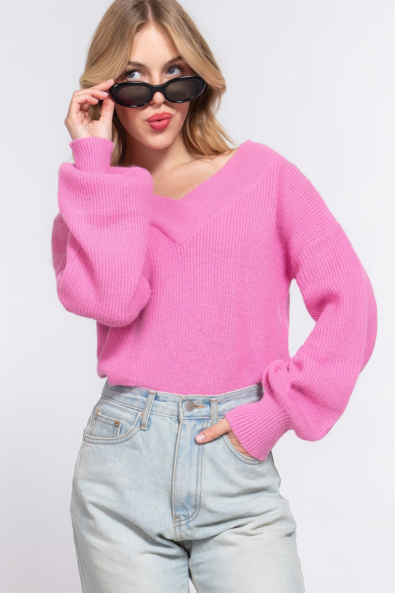 Long Slv Double V-neck Sweater JoySkyBoutique