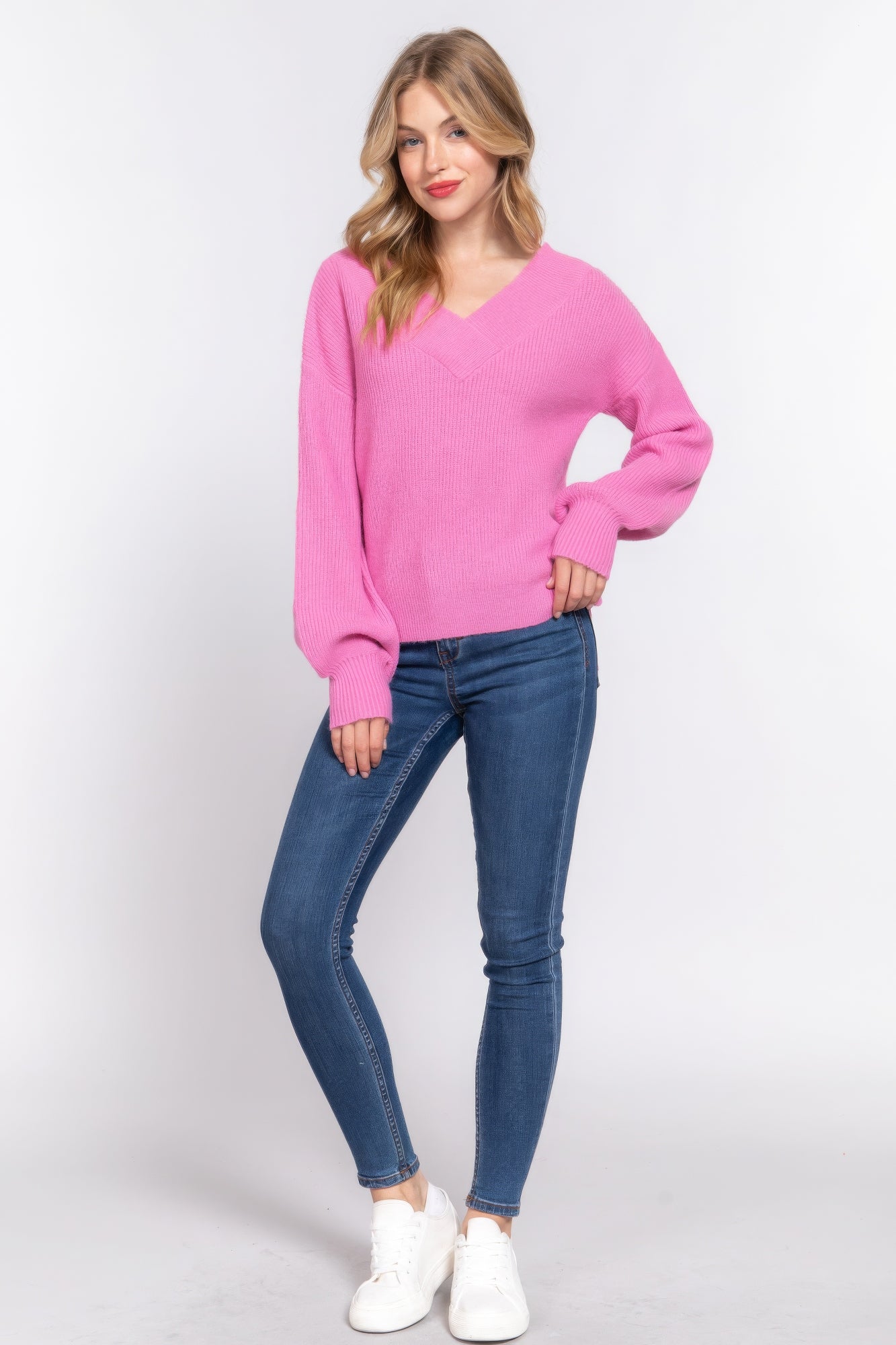 Long Slv Double V-neck Sweater JoySkyBoutique