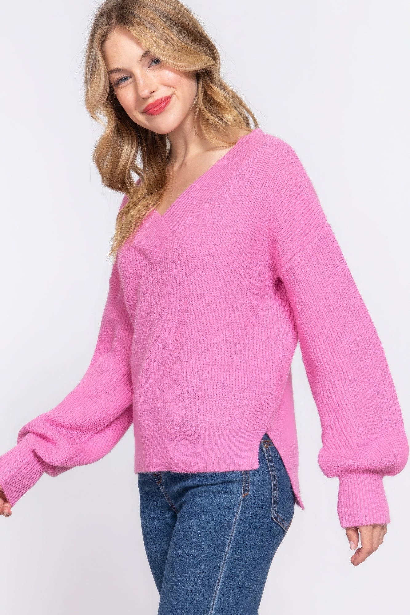 Long Slv Double V-neck Sweater JoySkyBoutique